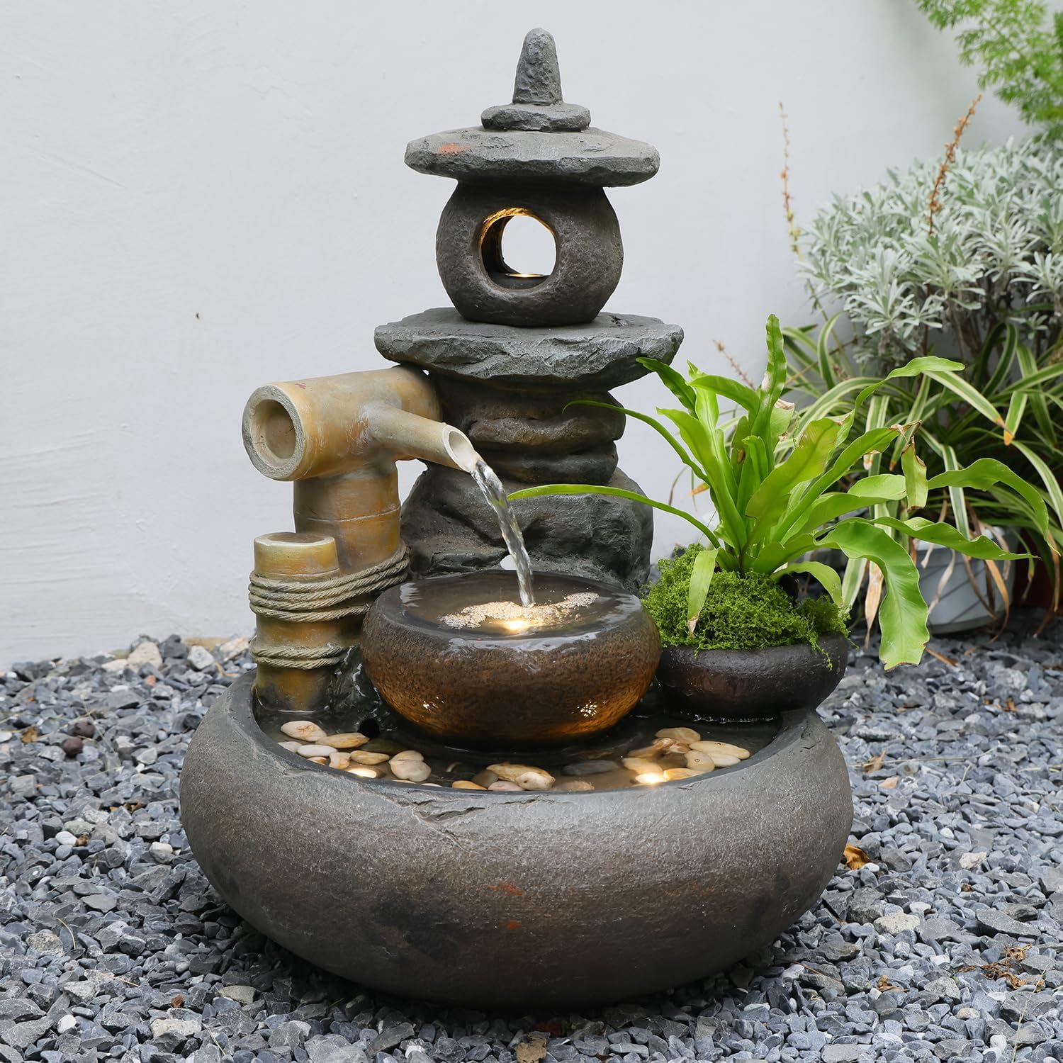 21" H Pagoda and Bamboo Outdoor&Indoor Outdoor Water Fountain, Natural Zen Decor Desian Outside Waterfall with LED Lights - Suitable for Garden/Patio/Yard/Deck/Balcony and Home Art Decor Resin