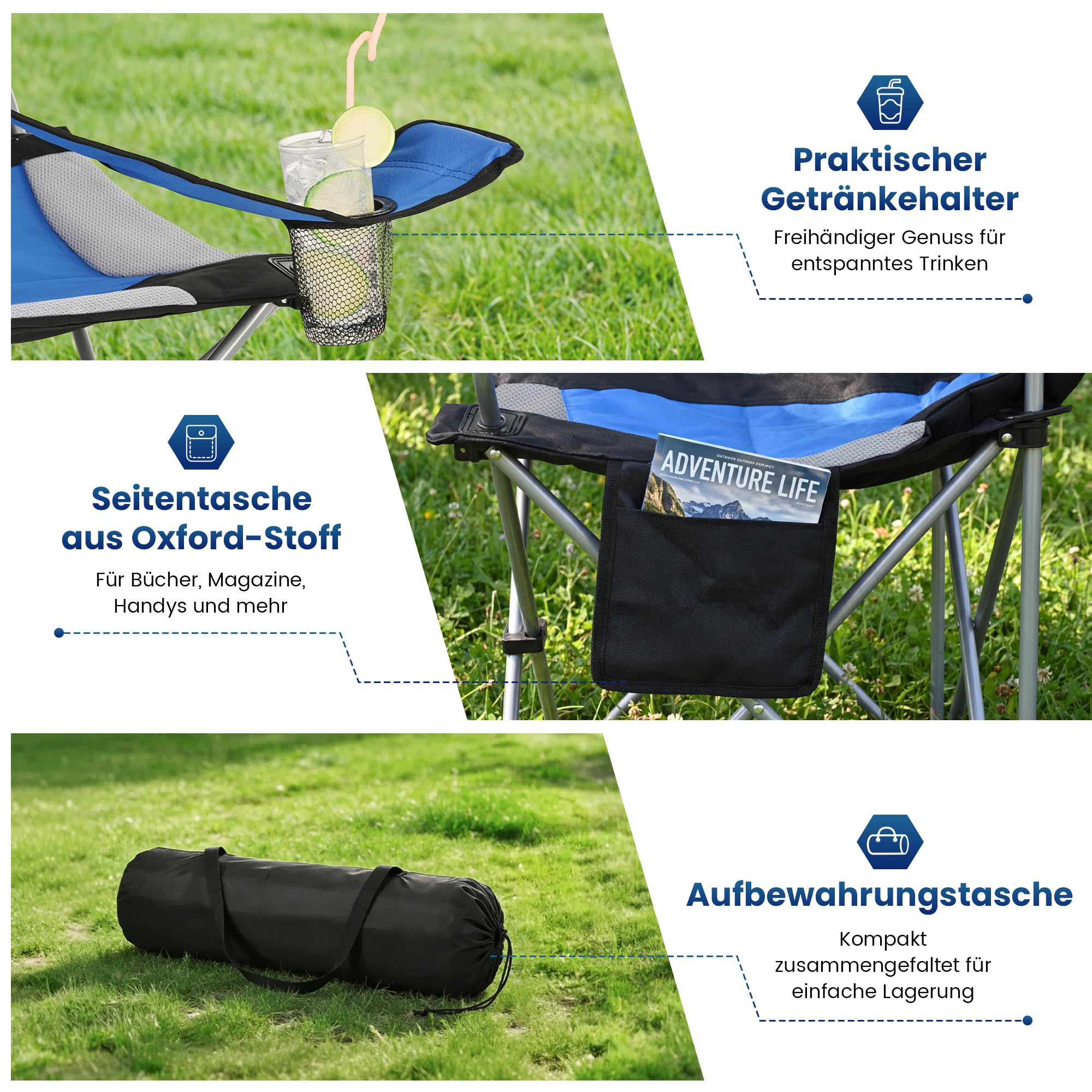 ROPODA Campingstuhl Faltbar, Klappstuhl Camping 150kg mit Hoher Rückenlehne, Armlehnen, Getränkehalter & Seitentasche, Gepolsterter Camping Stuhl für Outdoor, Garten, Angeln, Strand, Blau