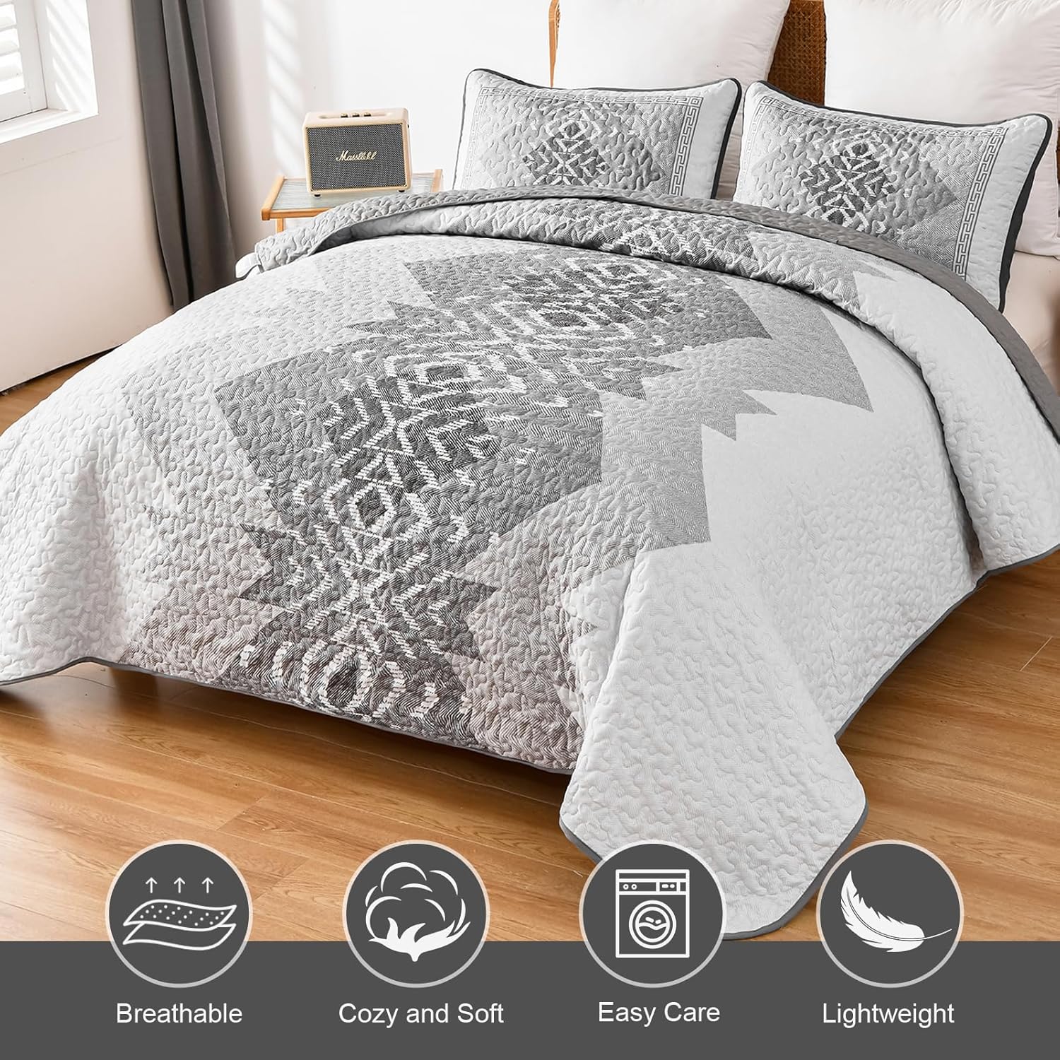 Dintszyayue Grey Quilt Set Queen Size 3 Pieces Boho Aztec Quilt Set Queen Gray Bedspread Coverlet Set with 2 Pillowcases Soft Microfiber Bohemian Quilt Bedding Set for All Season 90"x96" - Image 3