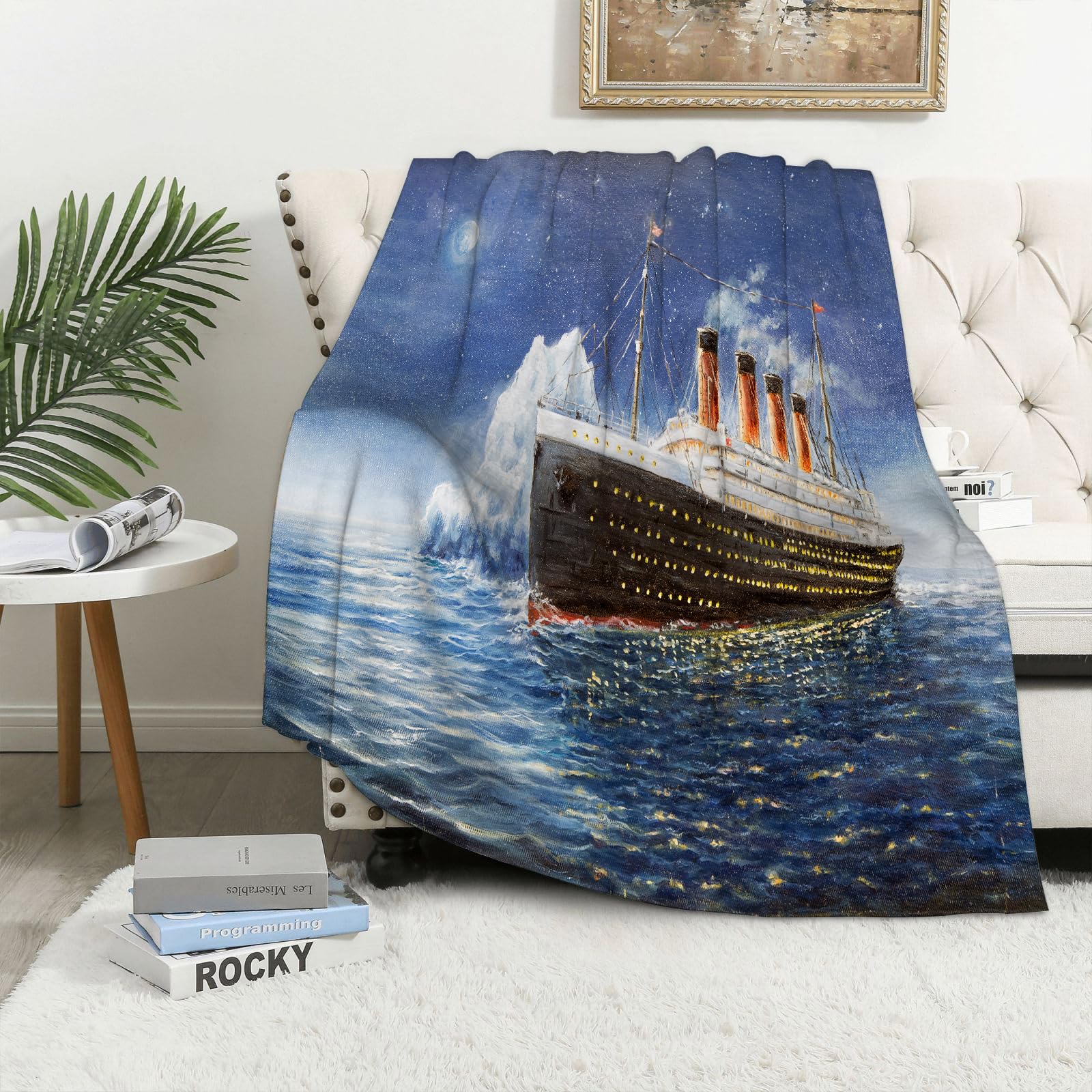 MAAPCHP Flannel Fleece Blanket Throws for Sofa Fluffy Blanket Bed Throw for Bedroom Original oil painting of Titanic and iceberg in ocean at night on canvas.Full mo Blanket for Bed, Couch,Car 40x50in