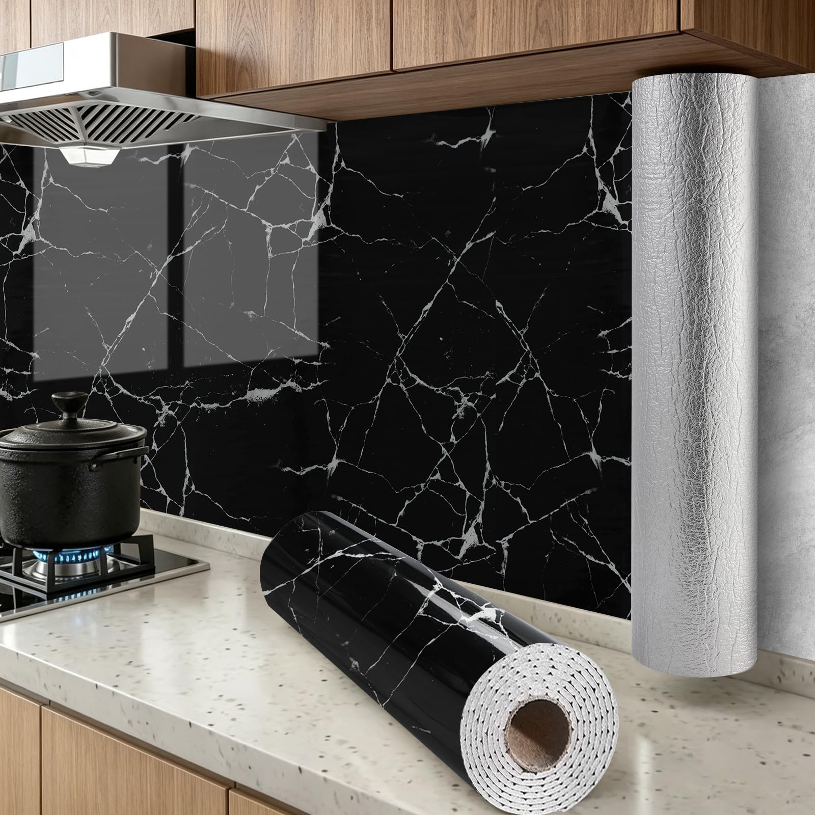 Black Marble Self Adhesive Wallpaper Peel and Stick Wallpaper, 2.3mm Thick Sticky Back Plastic Vinyl Removable Paper Thermal Waterproof Insulating Wall Covering Roll For Kitchen Splashbacks Bathroom — image 1