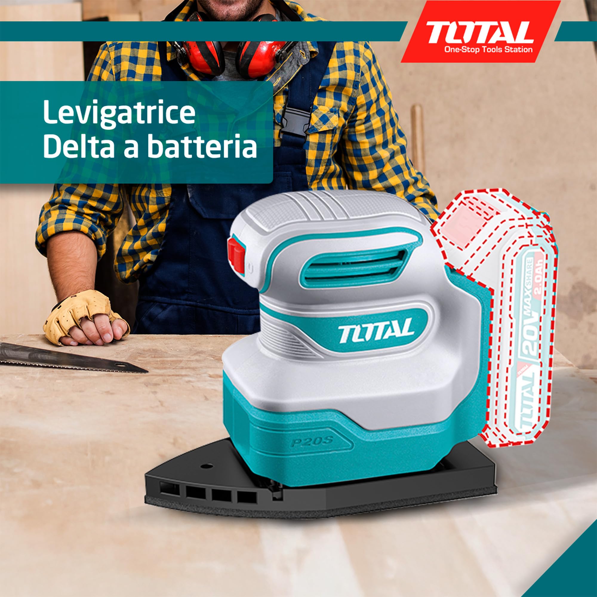 TOTAL - Levigatrice Delta a batteria | Batteria da 20V a lunga durata | Facile da usare | Include 3 tamponi e 3 carte abrasive Delta | Perfetta per angoli e bordi | Velocità a vuoto 12.000 giri/min