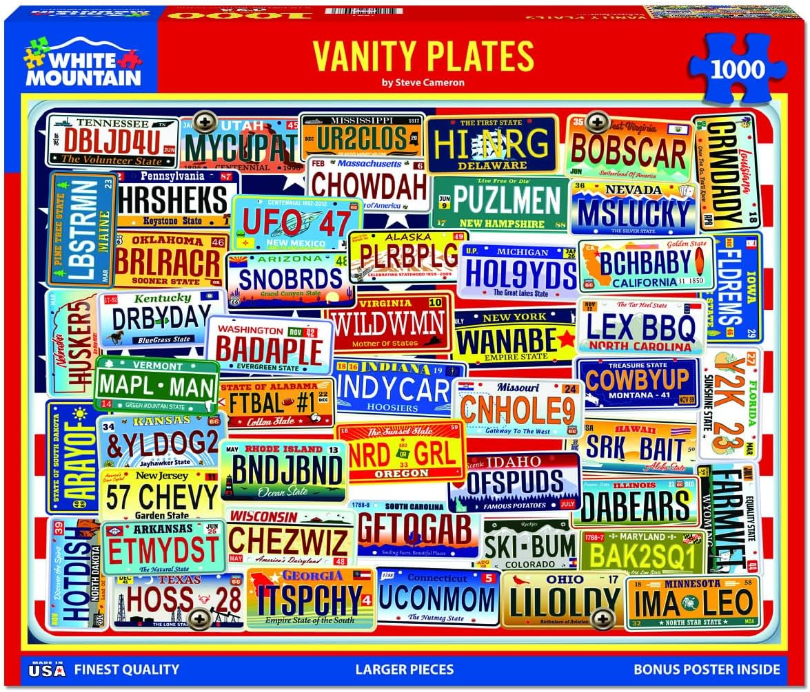 White Mountain 1000 Piece Jigsaw Puzzle State License Plates Collage Puzzles with Large Pieces for Adults and Famlily 24"x30" - Vanity Plates