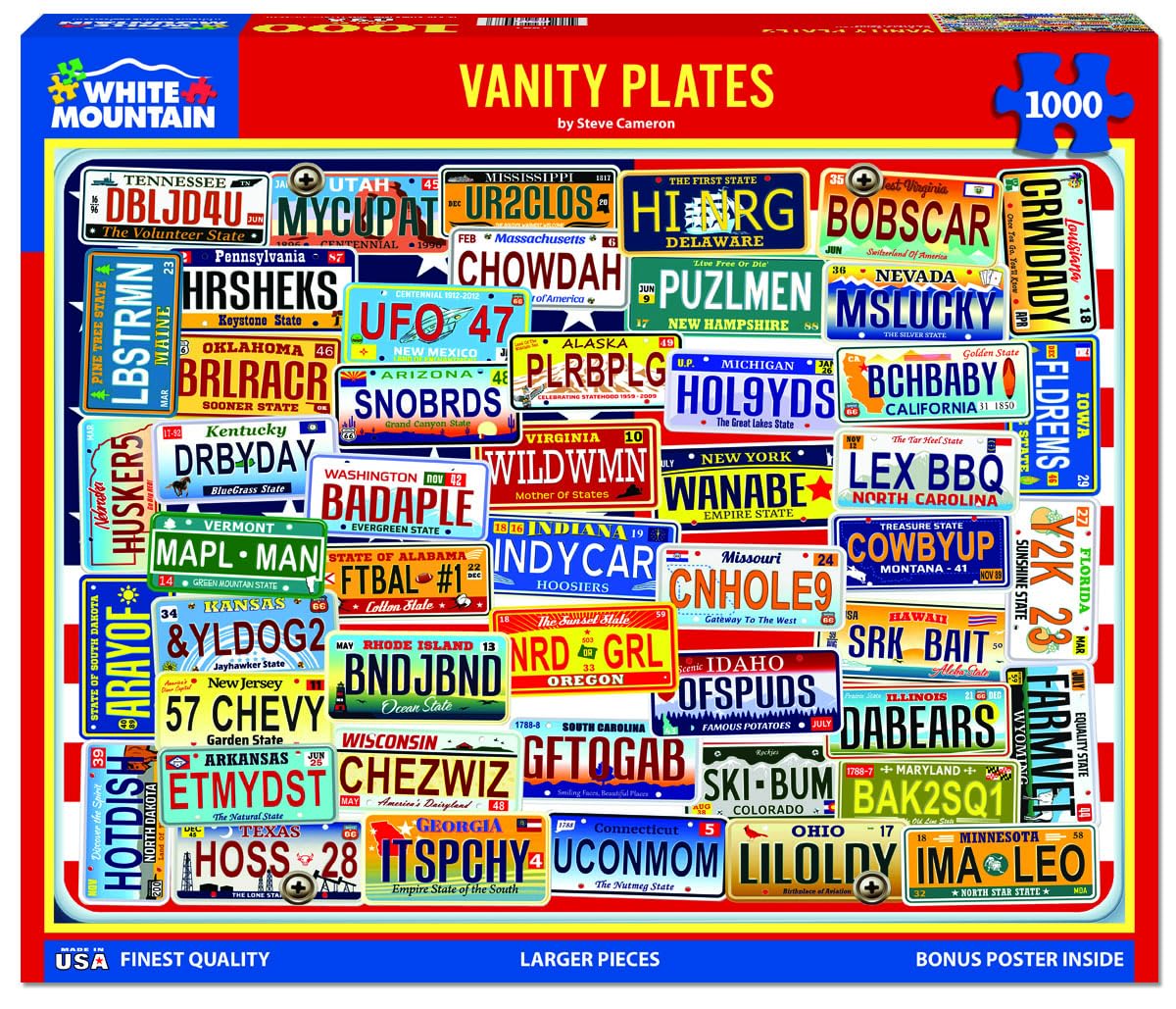 Puzzle White Mountain 1000 Pezzi 'Vanity Plates' - Targhe Divertenti USA, Poster Incluso, Prodotto In USA