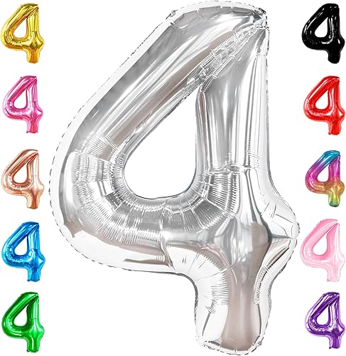 Globos gigantes plateados del número 4 de 40 pulgadas, globos plateados del número 4, decoraciones de cumpleaños de 4 años, números de globo del