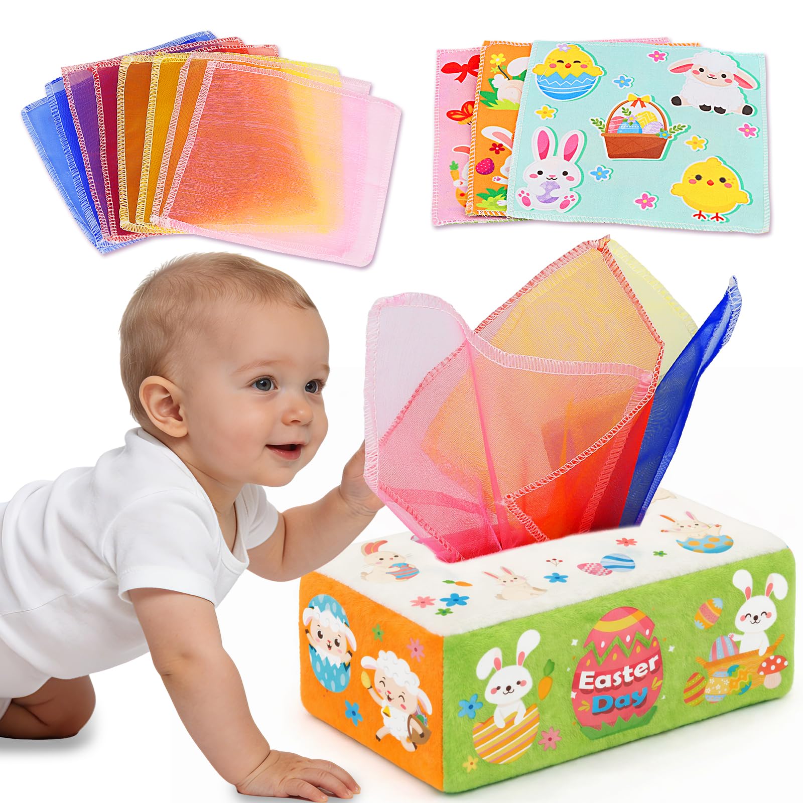 Easter Baby Toys - Easter Basket Stuffers for Babies 6-12 Months - Baby Tissue Box Toy Montessori Soft Stuffed Bunny High Contrast Crinkle Infant Sensory Toys 6 7 8 9 Months Easter Boy Girl Gifts