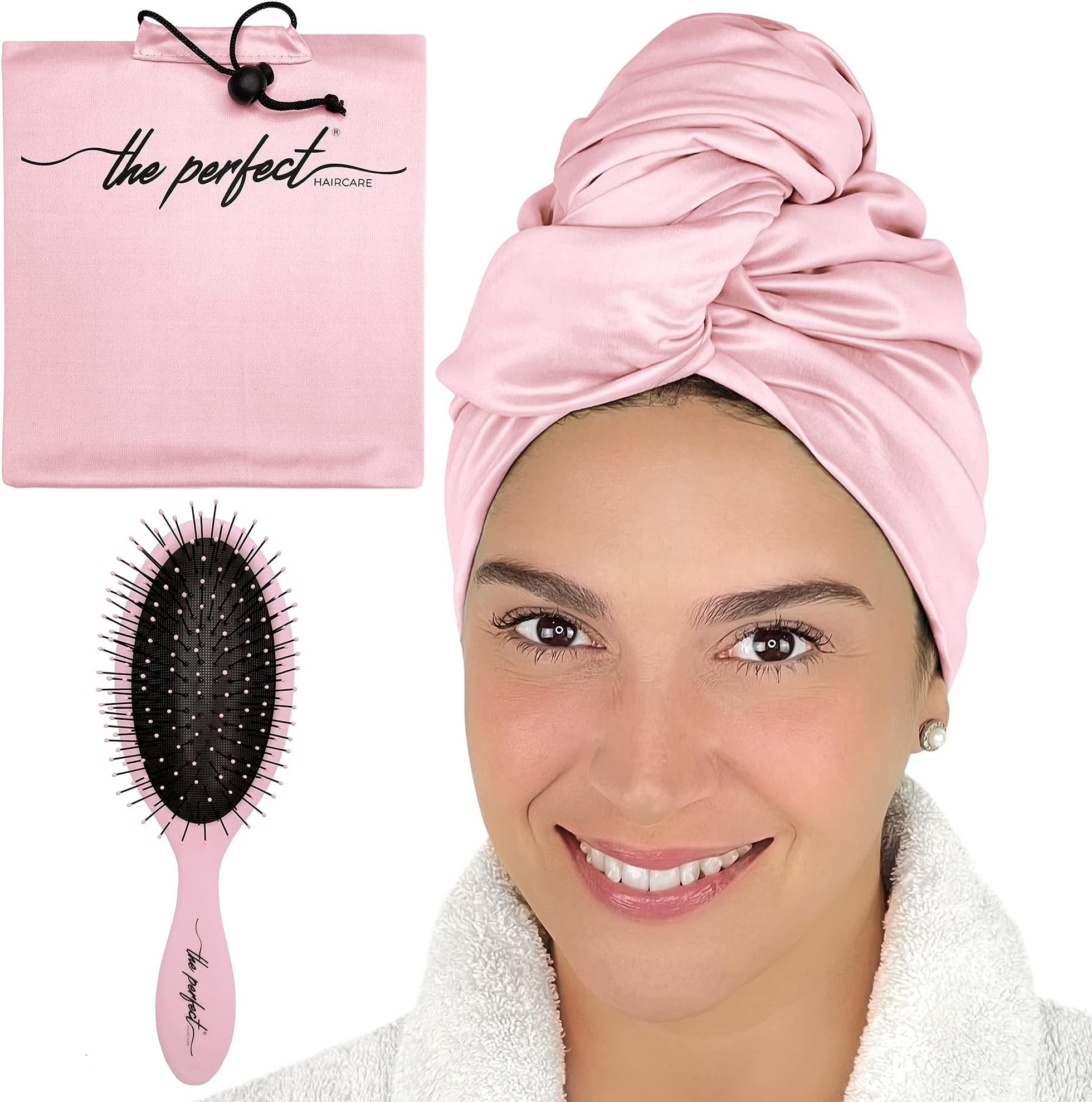 Pink Microfiber Hair Towel with Wet / Dry Brush