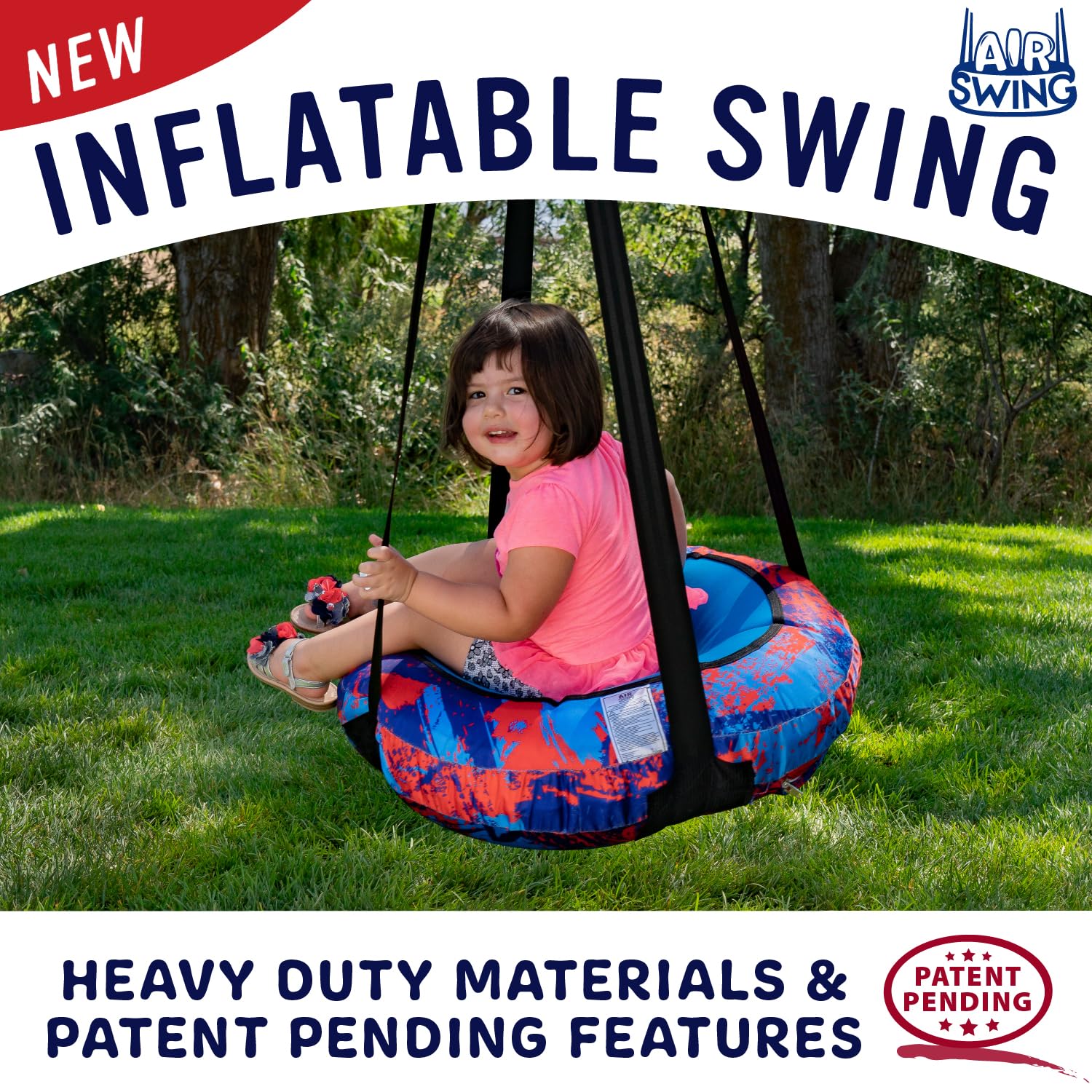 Durable 26” AIR Swing Safe Round Outdoor Saucer Tree Swing for Toddlers & Kids - Ideal for Backyard, Indoor Playroom, Playset, or Treehouse - Adjustable 360 Rotation & Regular Modes - Blue/Red