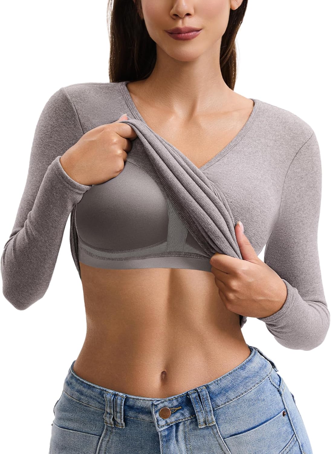 ZeroBound Built in Shelf Bra Long Sleeve V Neck Shirts for Women Thermal Top Slim Fitted Cross Wrap Asymmetrical Ruched Tops