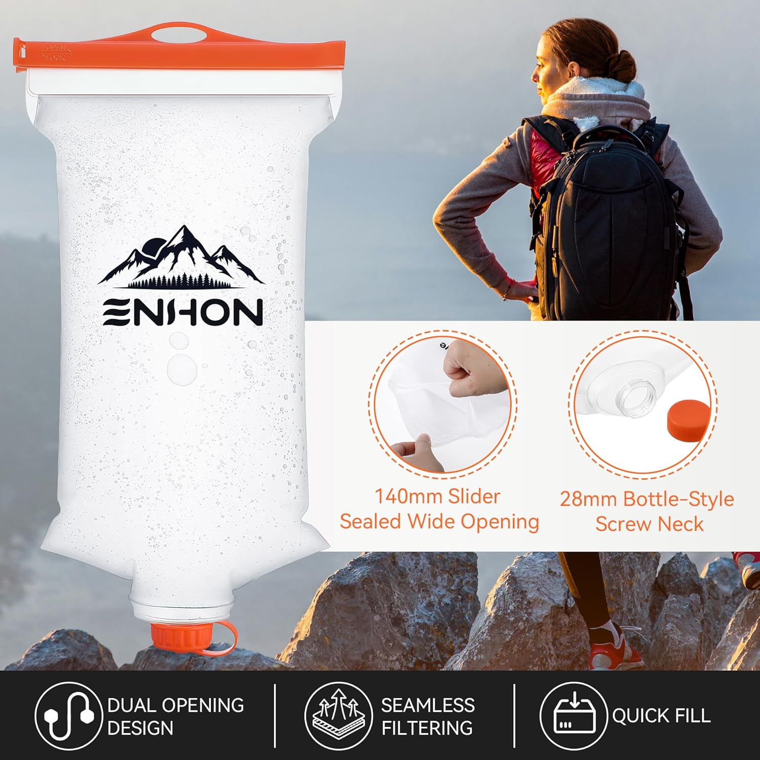 Enhon 2L Water Bag for Hiking Compatible with 28mm Sawyer Water Filter, Durable TPU Material Collapsible Bladder for Camping Fishing or Traveling, PVC Free Squeeze Pouch - Image 3