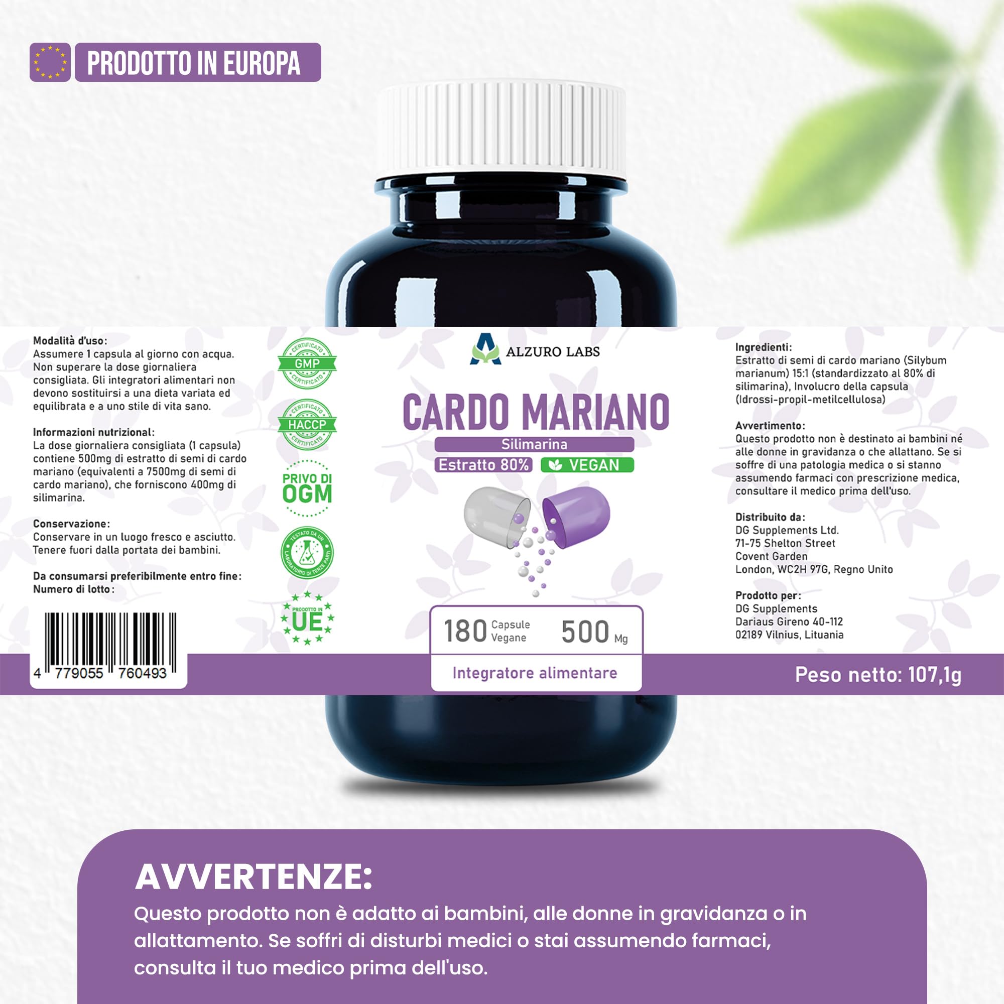 Cardo Mariano | 6.000 mg | Estratto 15:1 (500 mg) | 180 Capsule Vegane | Silybum marianum | GMP & Testato da Laboratorio Indipendente