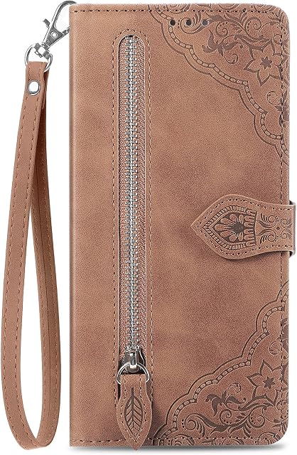 NEXCURIO Zip Wallet Case Compatible with Apple iPhone 12 / iPhone 12 Pro Phone Case Wallet with Credit Card Holder Strap Stand Women Leather Flip Case Floral Folding Cover Shockproof - Brown