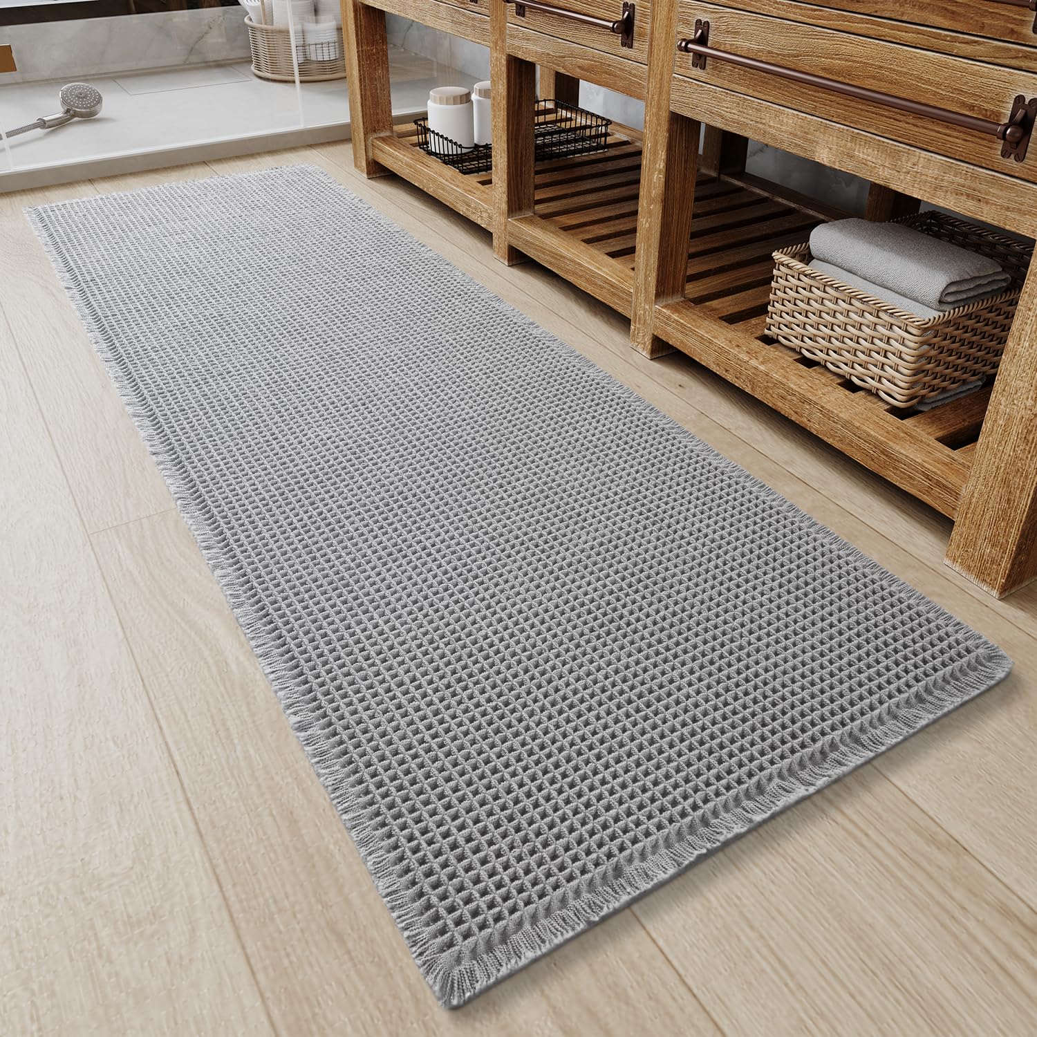 Upgraded Waffle Bath Mat Non Slip Super Absorbent Quick Dry Bath Mats for Bathroom Floor Machine Washable Bathroom Mat Ultra Soft Boho Bathroom Rugs with Tassels Beside Tub, 17" x 24", Brown — view 24