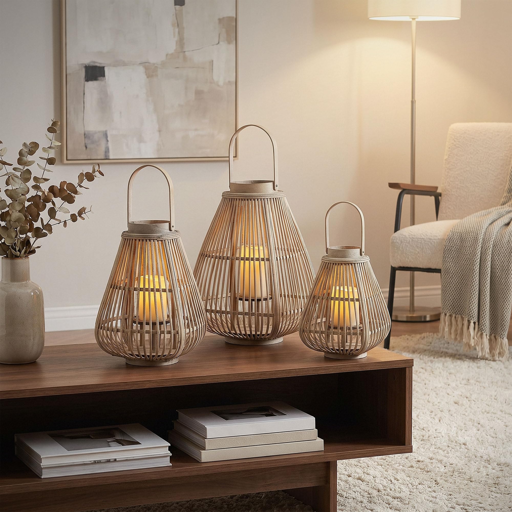ECD Germany Linterna de Bambú de Madera, 55cm de Altura, Portavelas de Jardín con Asa y Inserto de Cristal, Farolillo de Estilo Boho, Lámpara Colgante Interior/Exterior Decorativo para Terraza, Balcón