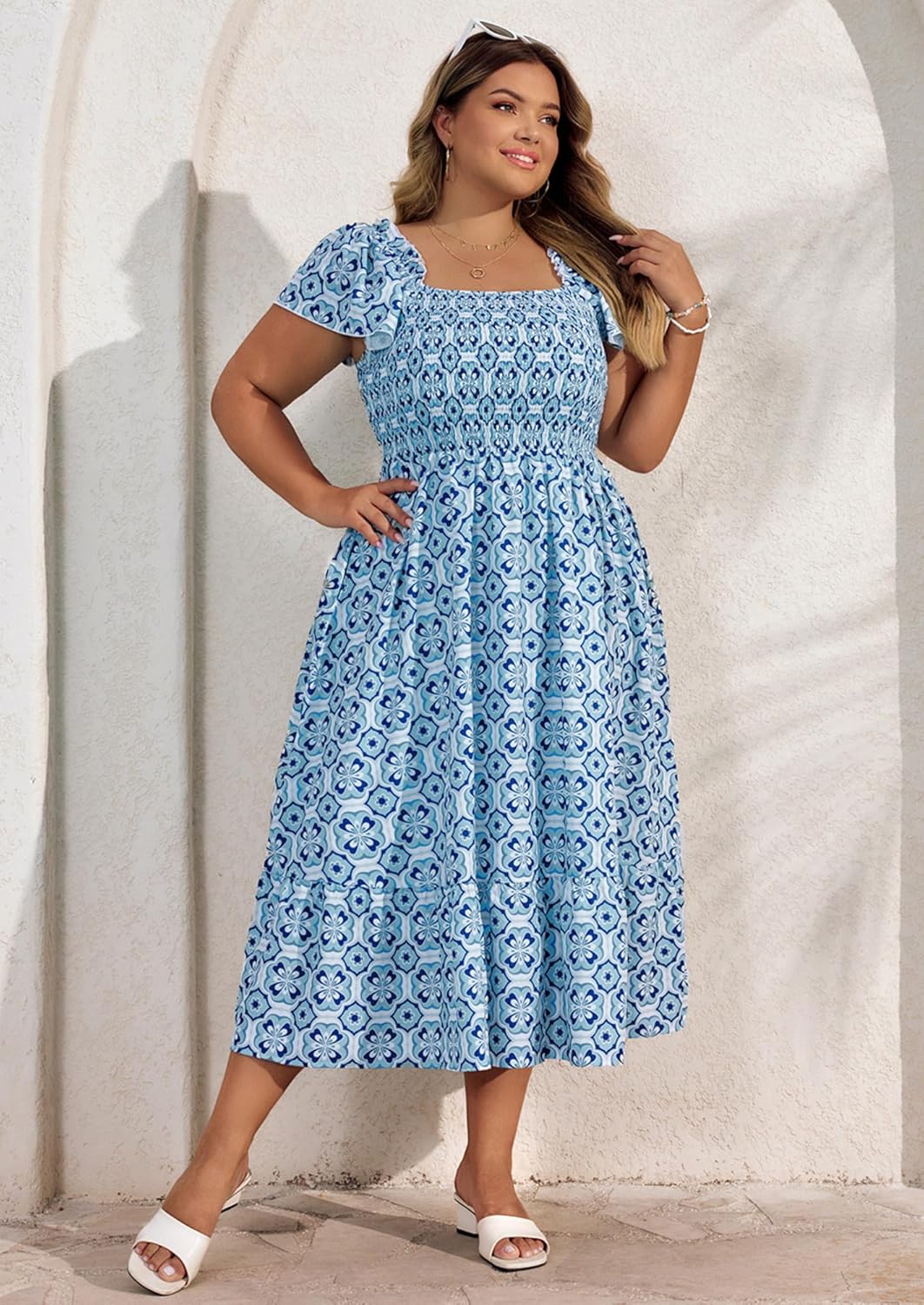 Hanna Nikole Women's Plus Size Summer Maxi Dress Short Sleeve Smocked Square Neck Casual Floral Flowy Dresses with Pockets - Image 6