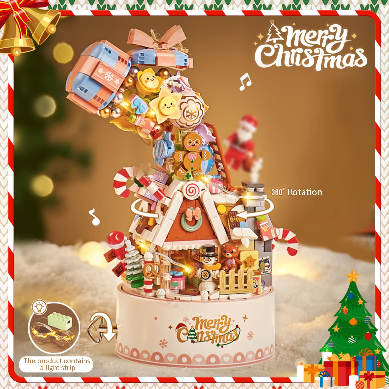 LOTOLO Falls Building Blocks Rotating Music Box Set,Candy Flower Bonsai Botanical Collection with Light,Home Decor (Christmas) - Image 3