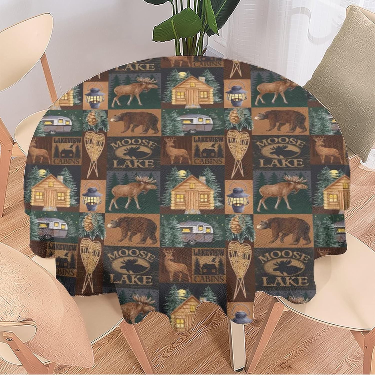 Retro Cabin Tablecloth Vintage Cottages Animal Deer Moose Bear Country Tablecloth Table Covers for Restaurant Picnic Indoor and Outdoor Dining Table Cloth （Round 50"）