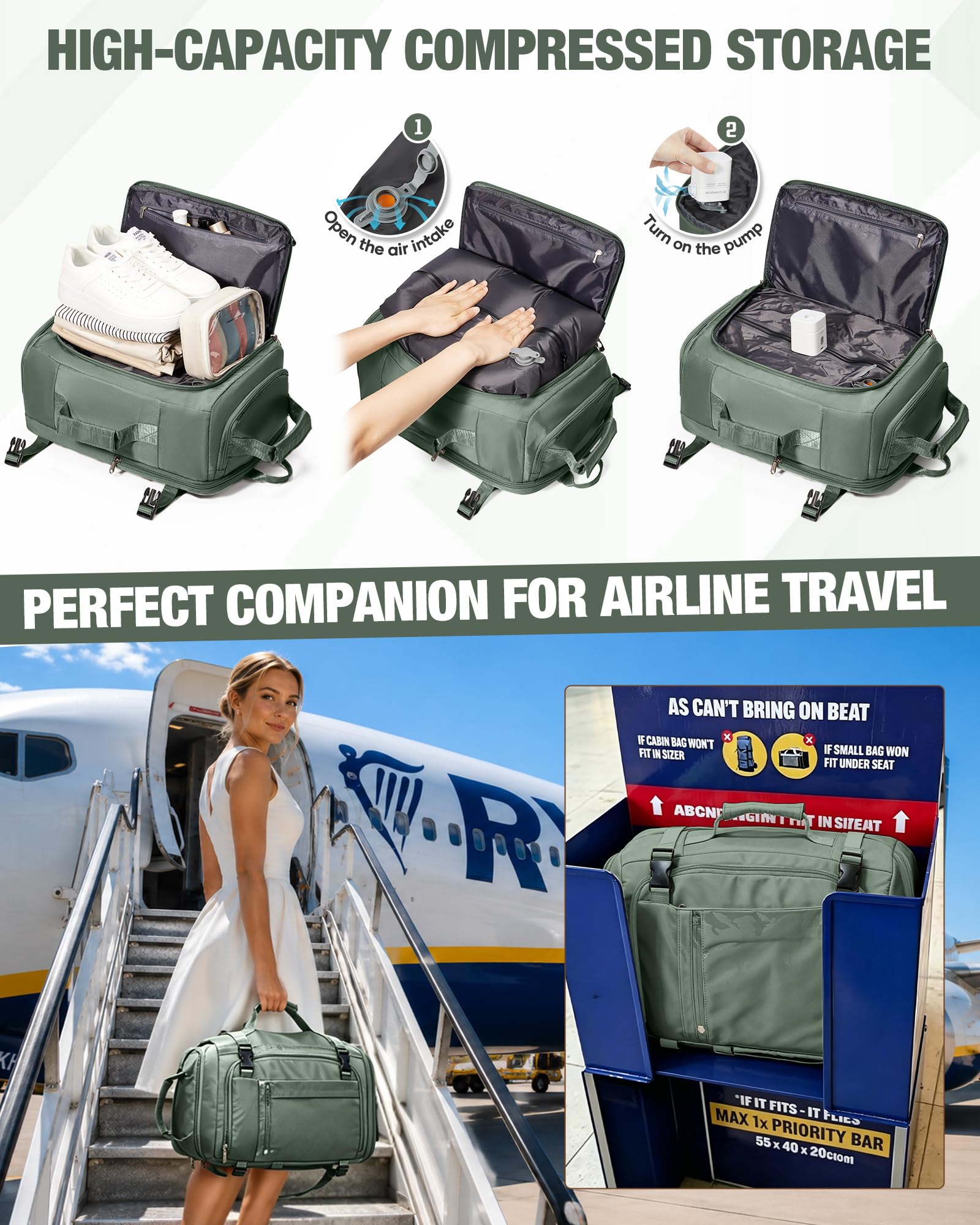 SZLX Mochila al Vacío con Bomba Equipaje de Mano 40x30x20 Ryanair Vueling Wizzair Mochila Viaje Cabina Avion 40x20x25 Mujer Maletas de Viaje Cabina 45x36x20 Easyjet Mochila Portatil con USB Hombre