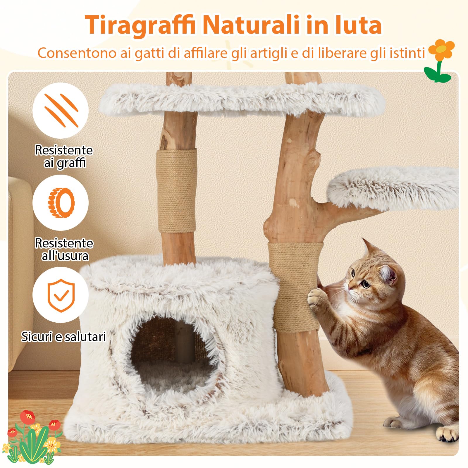COSTWAY Tiragraffi per Gatto Alto 135 cm, Albero Tiragraffi in Legno di Pero Naturale con Grotta e 6 Piani, Torre per Gatti Imbottito in Peluche con Corde Juta e Pompon, Bianco