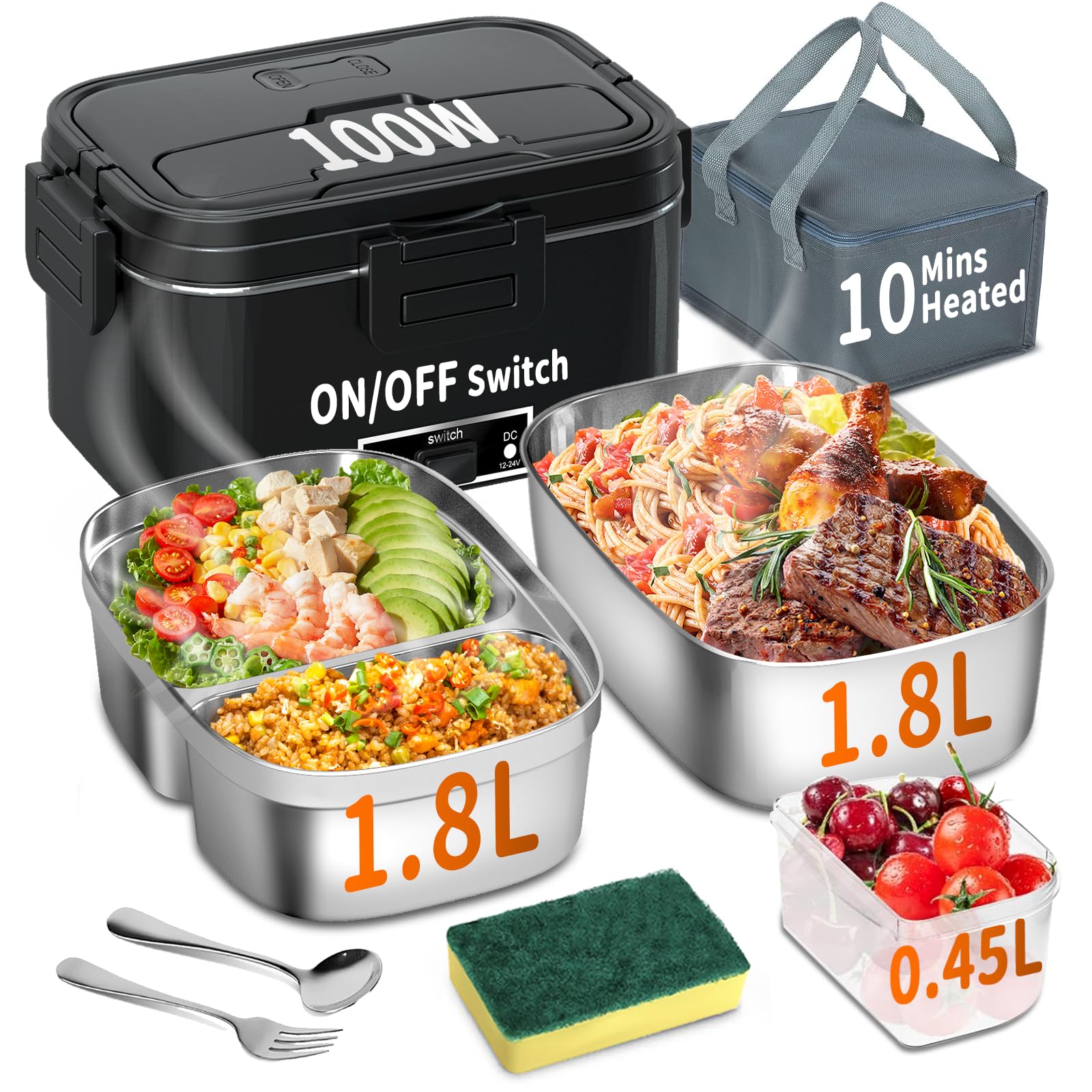 SOOOEC Electric Heated Lunch Box 100W - 3-in-1 Fast Heating Lunch Boxes Portable for Adults, 12V/24V/220V with 2 Pack Containers (Single & Compartment) for Car Truck Office (3 Times Faster), Black