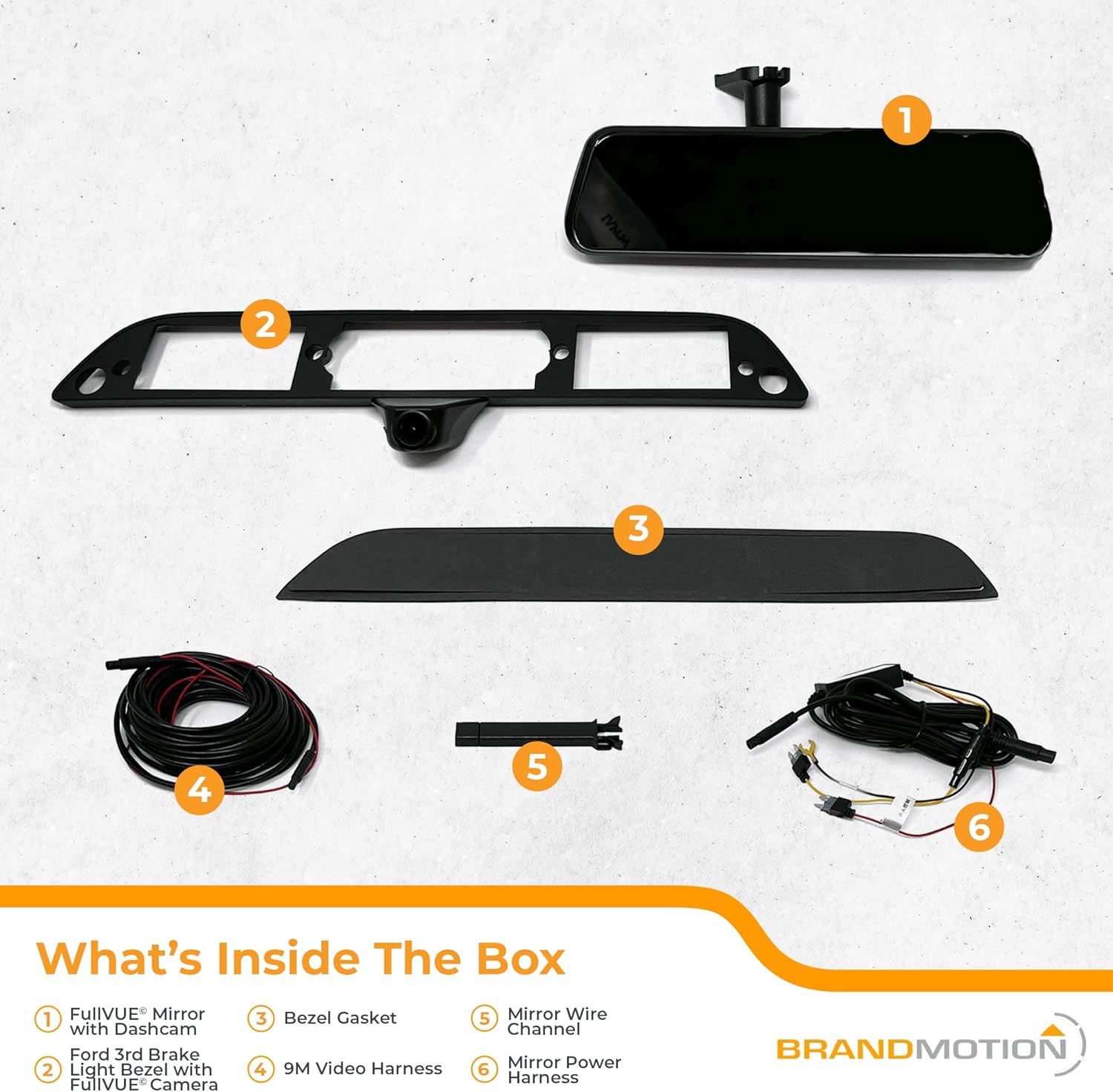 ബ്രാൻഡ്മോഷൻ ഫുൾവ്യൂ മിറർ, ക്യാമറ സിസ്റ്റം ബോക്സിന്റെ ഉള്ളടക്കം