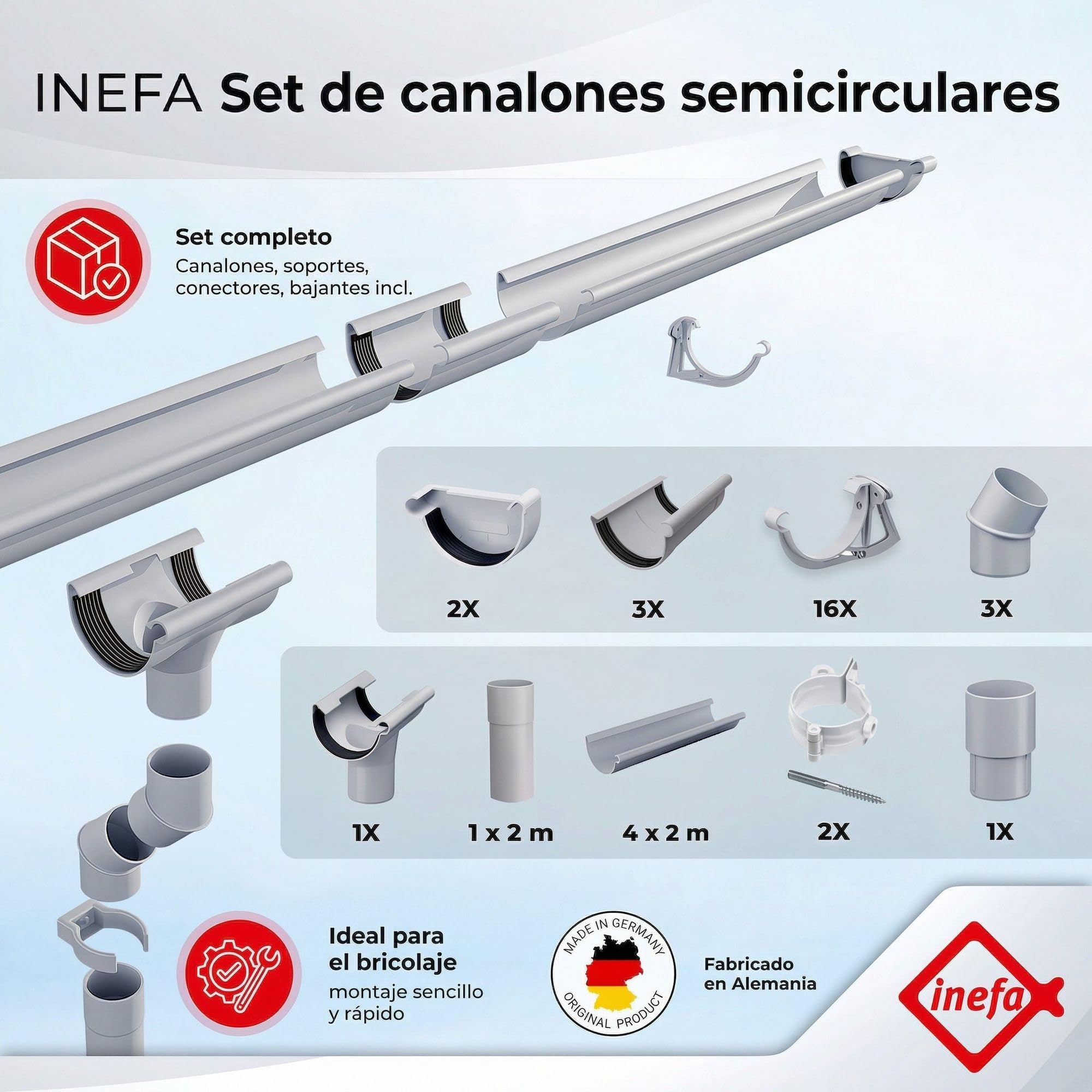 INEFA kit de canalón PVC NW125 125 mm semicircular blanco 8 m set canalón bajante