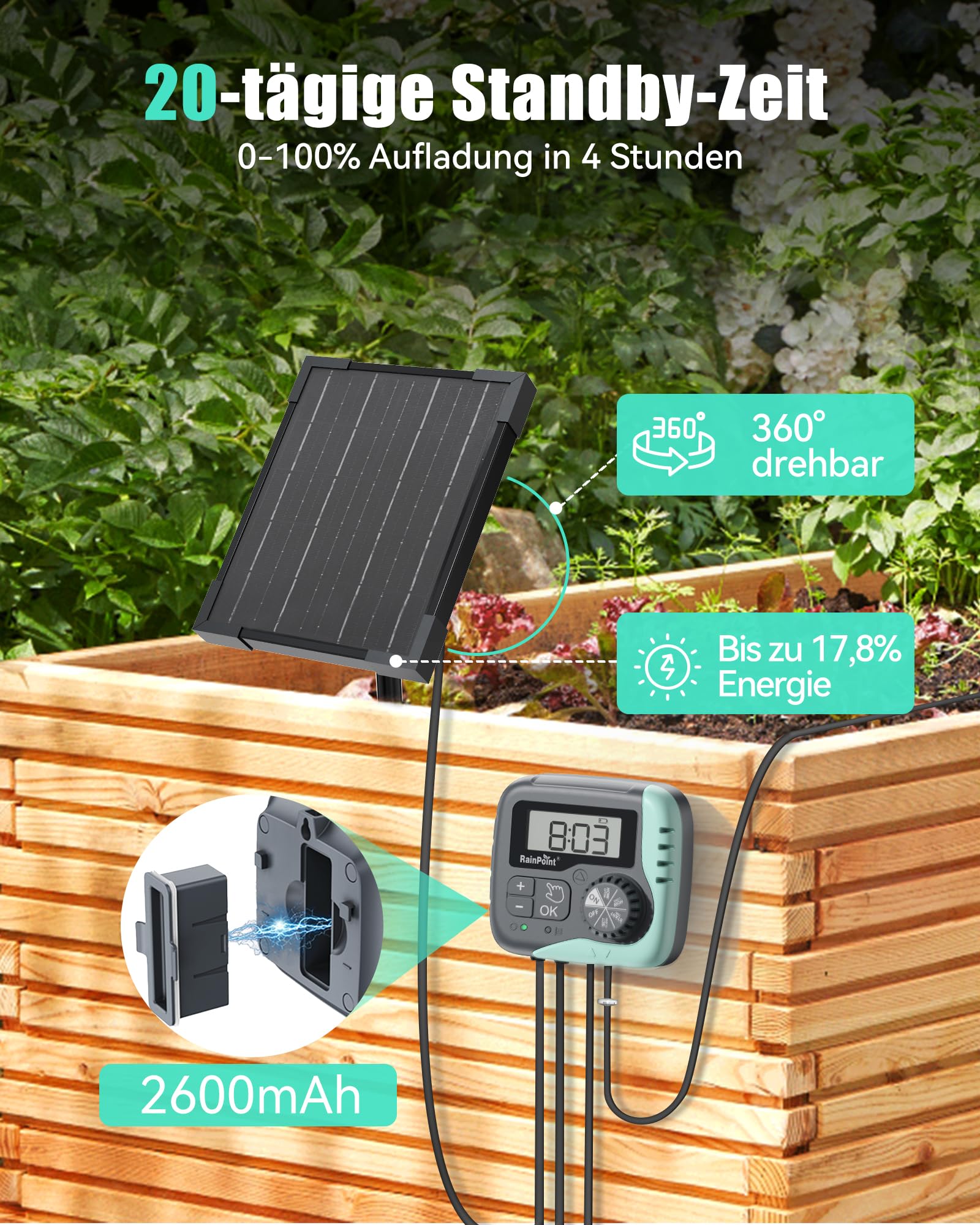 RAINPOINT Kit de Riego por Goteo Automático Solar, Sistema de Riego Automático de 45L/H con Bomba Programable, Batería de 2600mAh, para Macetas Vacaciones, Balcón, Jardín
