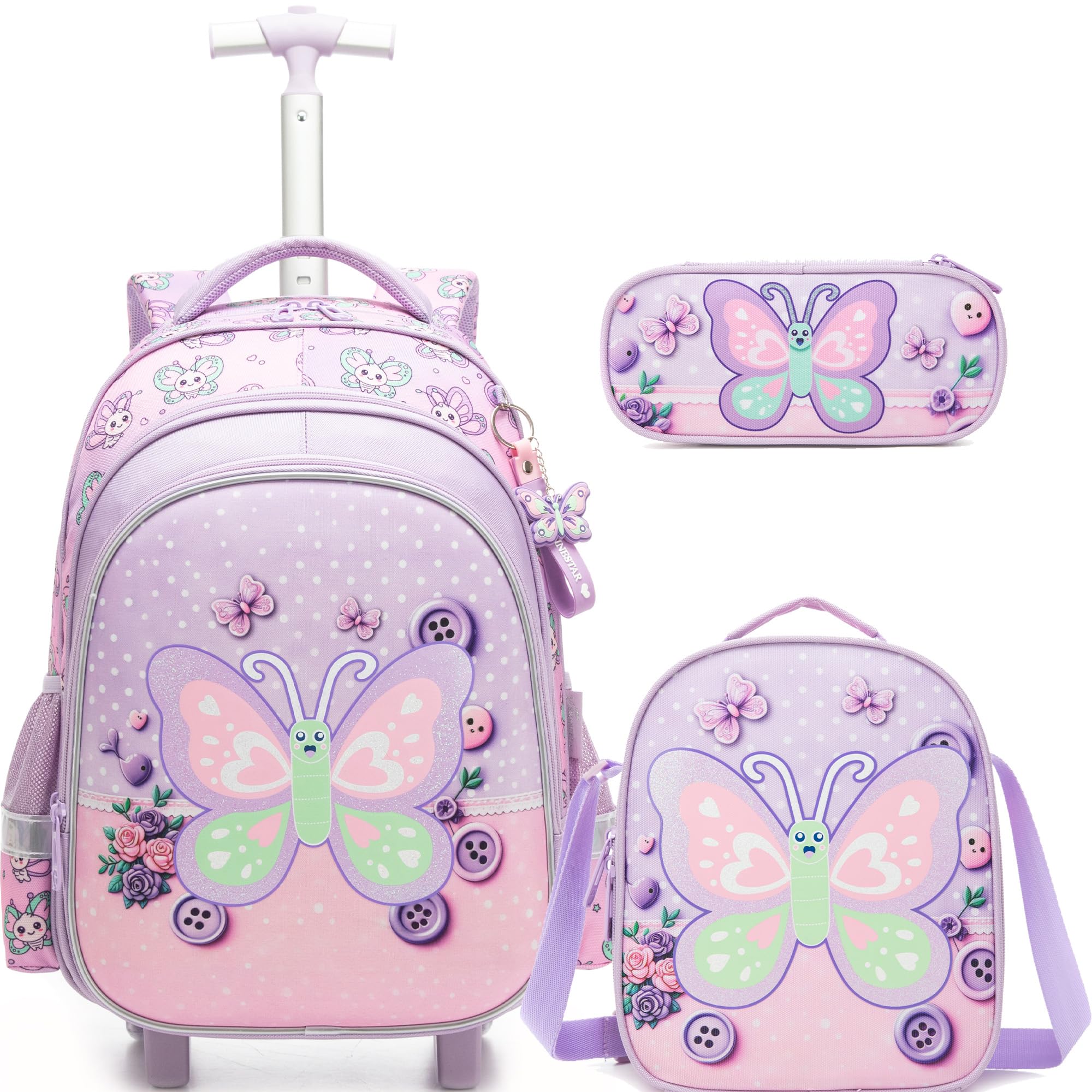 HTgroce Plecak na kółkach dla dziewczynek, tornister szkolny, 3-częściowy zestaw z torbą na kółkach CP CE1 CE2 CM1 CM2, motyl, 45x30x20 cm