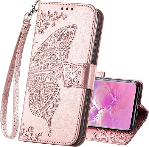 Miniatura 15 de Funda protectora de piel sintética para Samsung Galaxy S10e, con tapa y ranura para tarjetas, bolsillo en relieve, diseño de flores y mariposas