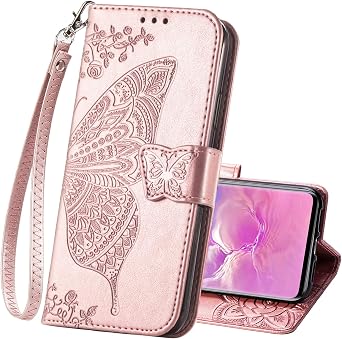 for Samsung Galaxy S10e Phone Case Wallet,Women Flip Folio PU Leather Protective Case Wrist Strap Card Slots Holder Pocket Emboss Butterfly Flower Stand Flip Case for Samsung Galaxy S10e Rose Gold