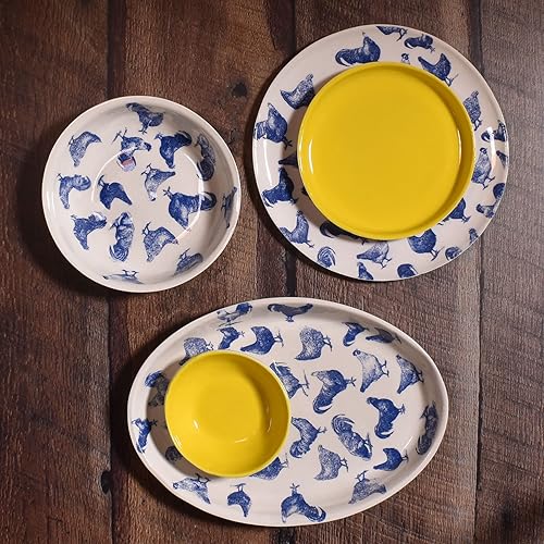Miniatura 3 de Vintage Chickens - Plato ovalado pequeño, cerámica americana hecha a mano, azul/blanco