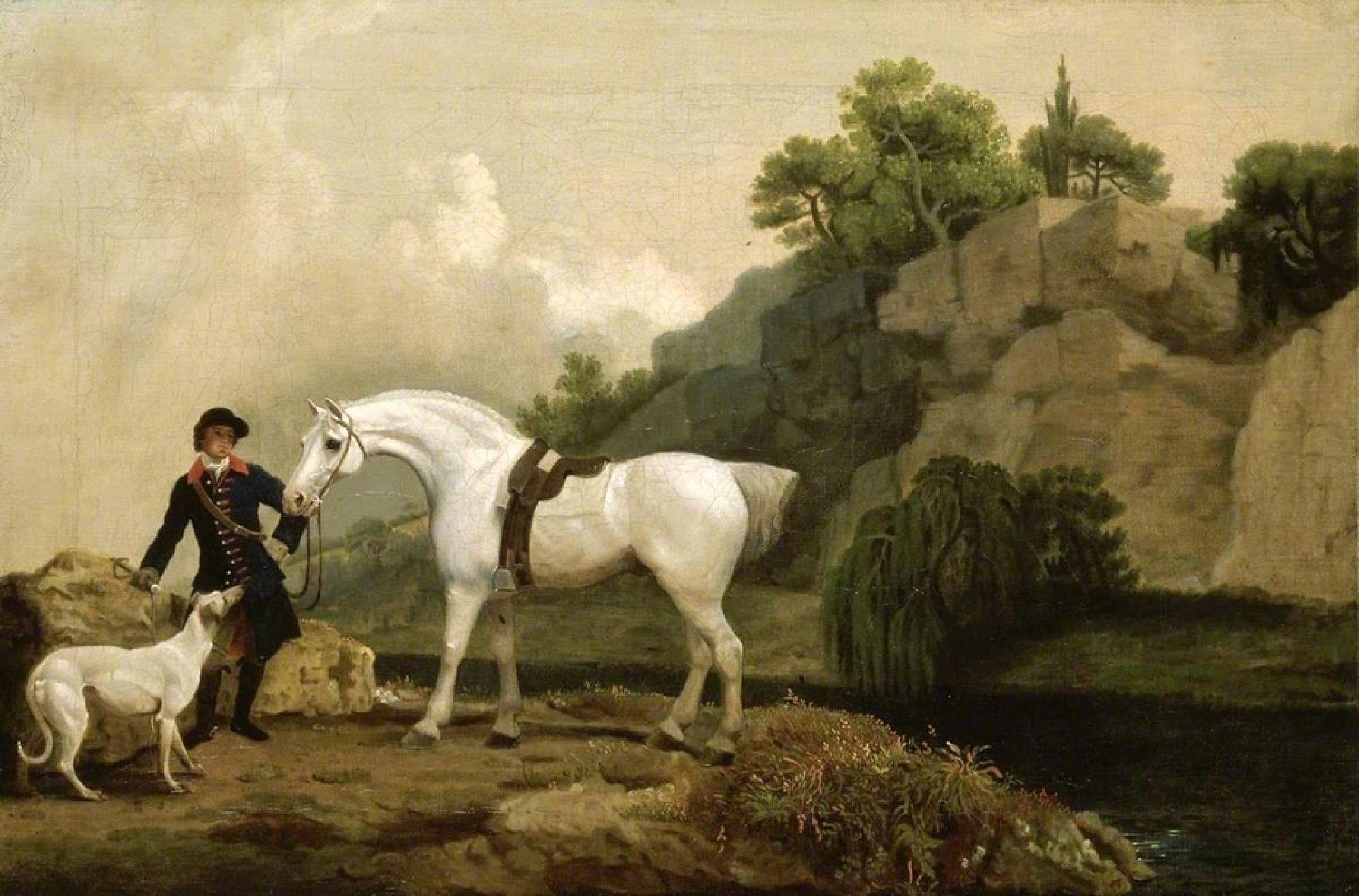 ZIMARO Classic Painting Wall Art Print Canvas Reproduction a Grey Hunter with a Groom and a Greyhound At Creswell Crags by George Stubbs for Home Decor 60x90cm