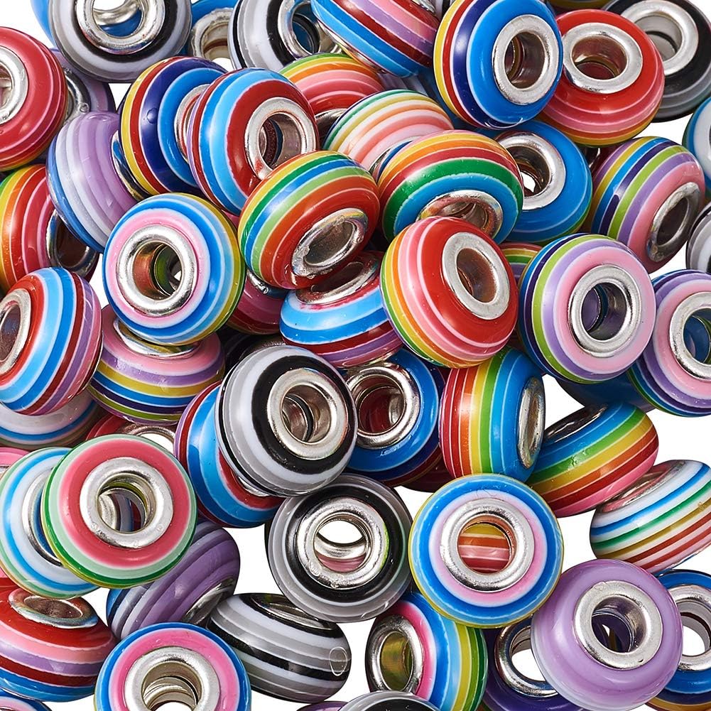 PandaHall 100pcs Large Hole Resin European Beads 14x8~8.5mm Colorful Stripe Rondelle Spacer Loose Beads with Silver Color Core Fit European Snake Chain Charm Bracelets - Image 4