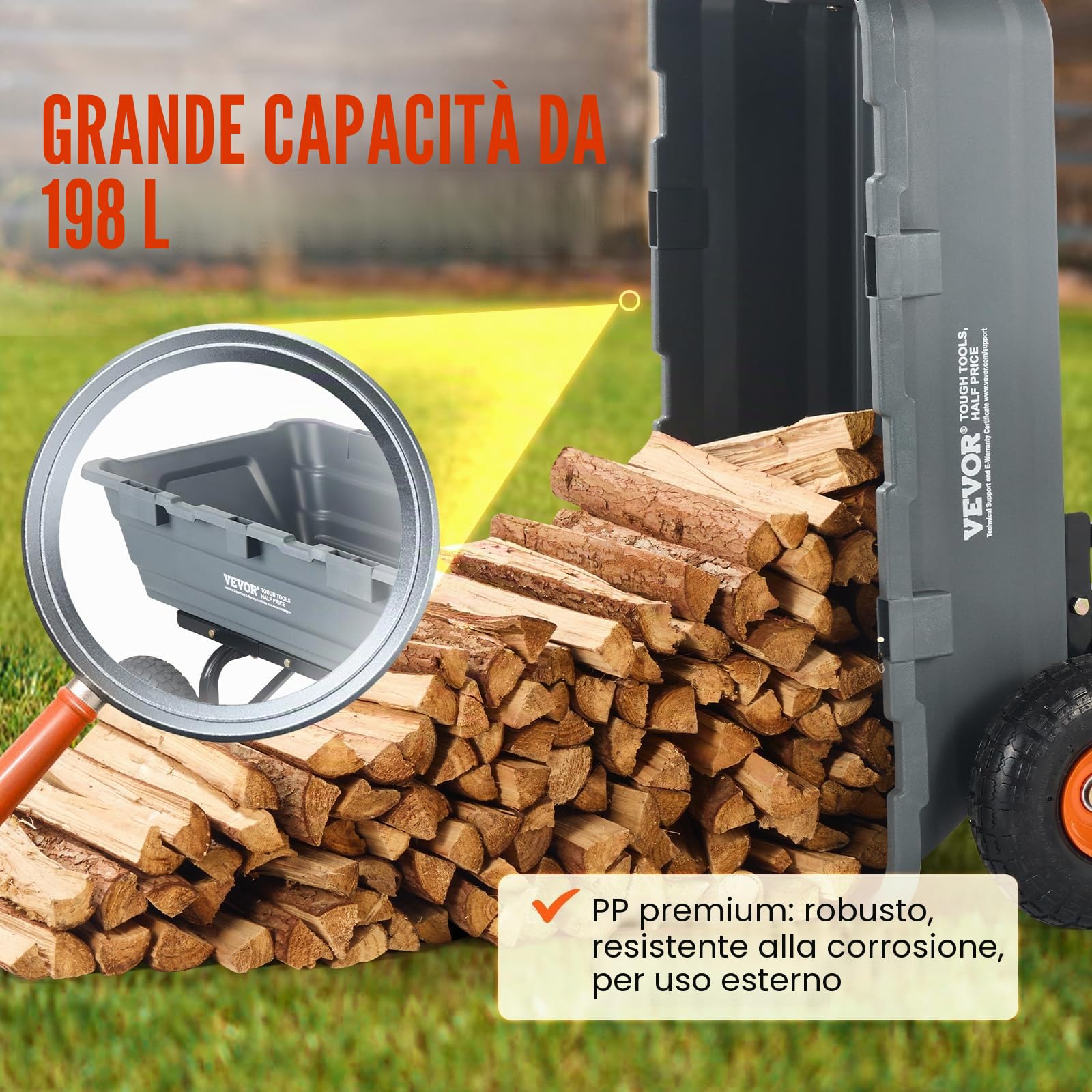 VEVOR Carrello Ribaltabile 1025 x 640 x 280 mm Carrello Ribaltabile da Giardino in polietilene, Telaio in Acciaio Facile Montare, Maniglia Convertibile 2 in 1, Capacità 544,31 kg Pneumatici 330,2 mm