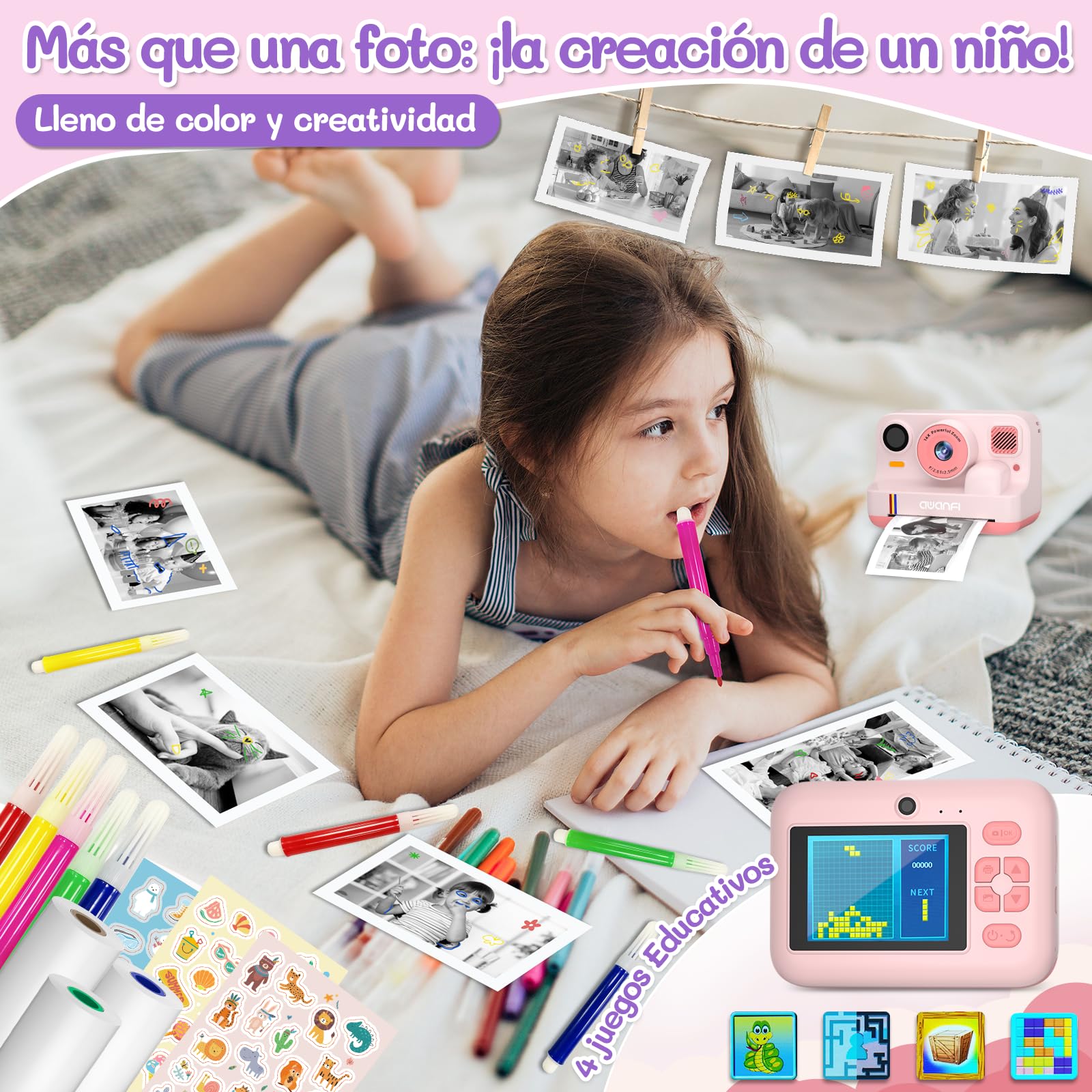 Camara Fotos Infantil Instantanea, 2,4 Pulgada Cámara de Fotos para Niños, con Tarjeta de 32G, 3 Rollos de Papel de Impresión, 1080P Cámara Instantánea, Regalo para Niños y Niñas de 3 a 12 Años