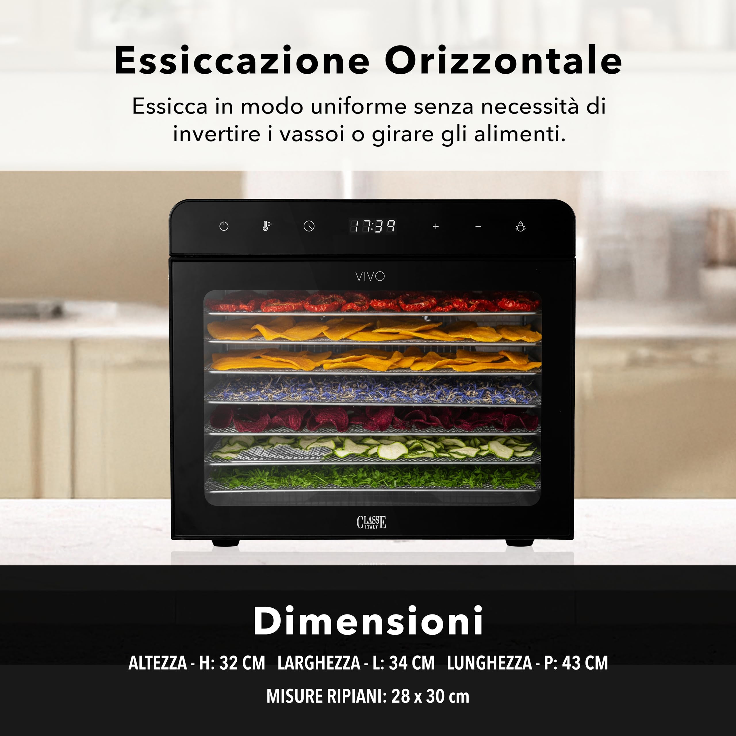 CLASSE ITALY Essiccatore Alimentare Basso Consumo, 8 Vassoi in Acciaio SUS 304, 700W, GARANZIA 5 ANNI, Temperatura Regolabile 35-85°C, Timer 24 ore, BPA Free