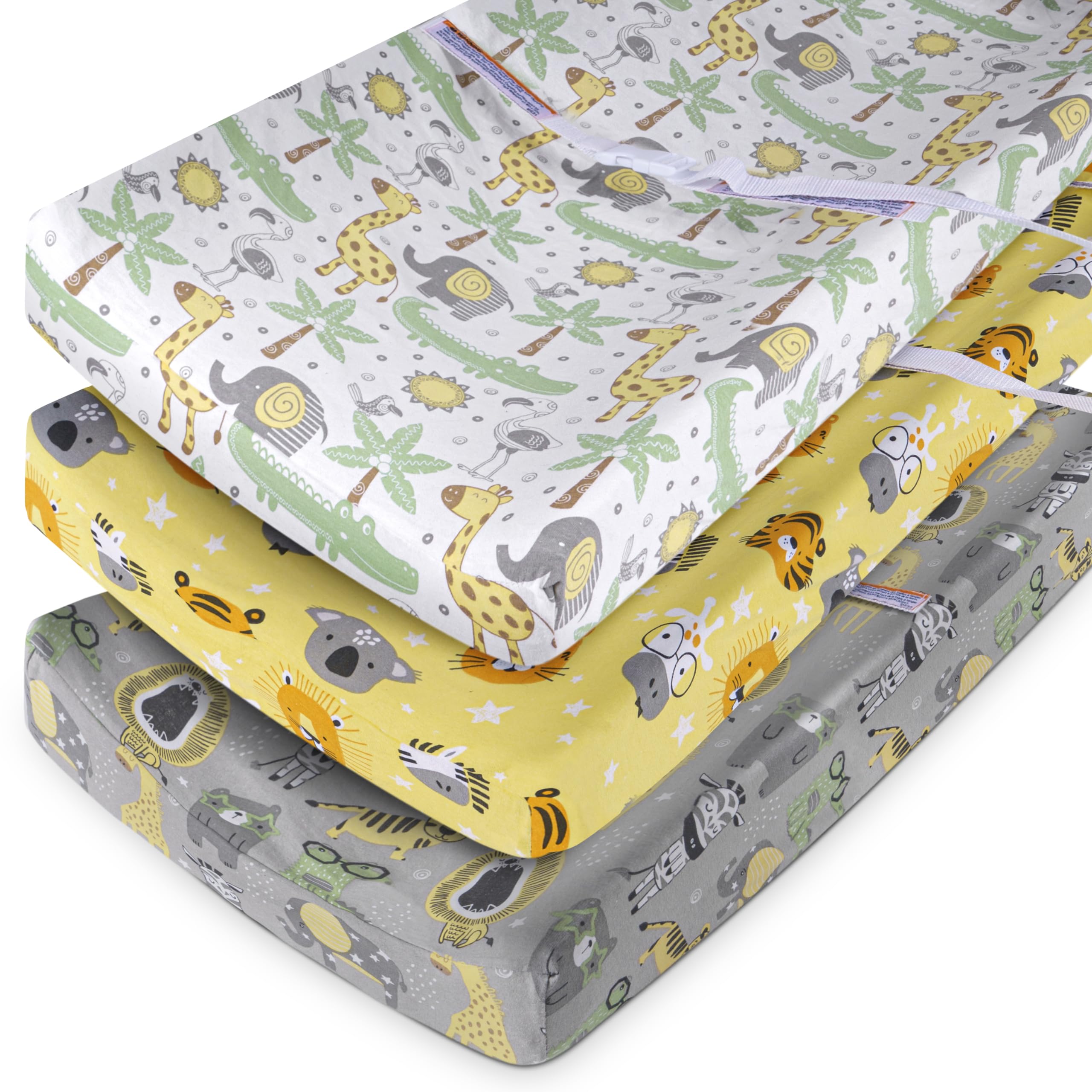 GROW WILD Paquete de 3 fundas para cambiador, algodón suave y elástico, funda para cambiador de bebé, fundas para cambiador de pañales para niñas y niños (animales y safari)