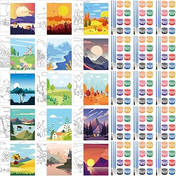 Sherr 75 Pcs 15 Set Sceneries Pre Drawn Canvas Kit for Painting Craft Sip and Paint Kit for Adults Summer Pre Printed Canvas Painting Favor for Virtual DIY Birthday Gifts Adult's Date Party