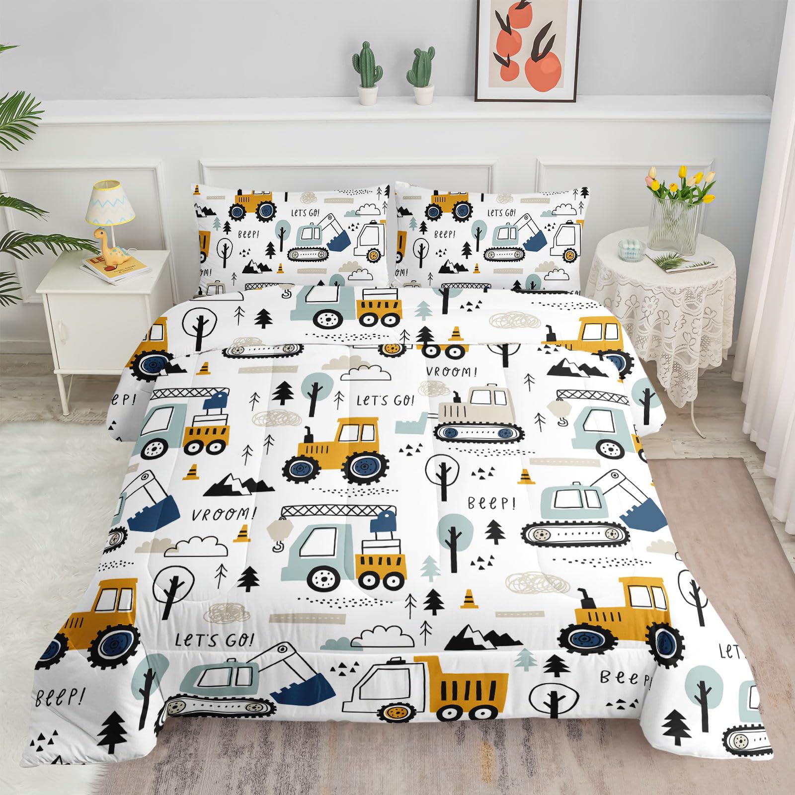 Datura home Kids Cartoon Excavator Bedding Comforter Sets for Boy and Girls,Construction Truck Bulldozer Tree Pattern Comforter Set with 2 Pillowcase