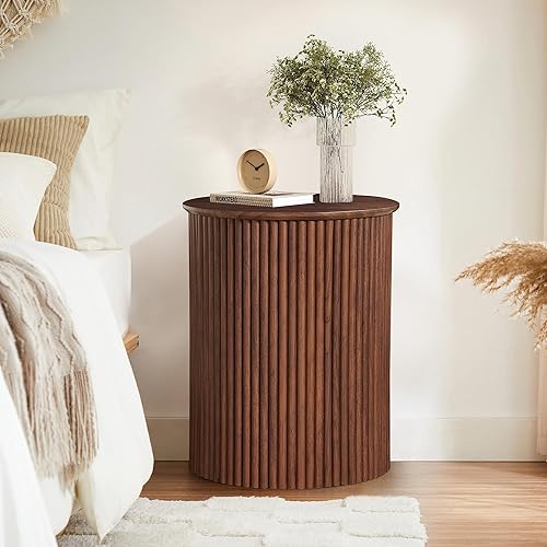 Miniatura 8 de AVZEAR Juego de 2 mesas auxiliares redondas pequeñas acanaladas, mesa auxiliar moderna de mediados de siglo, mesitas de noche circulares de madera