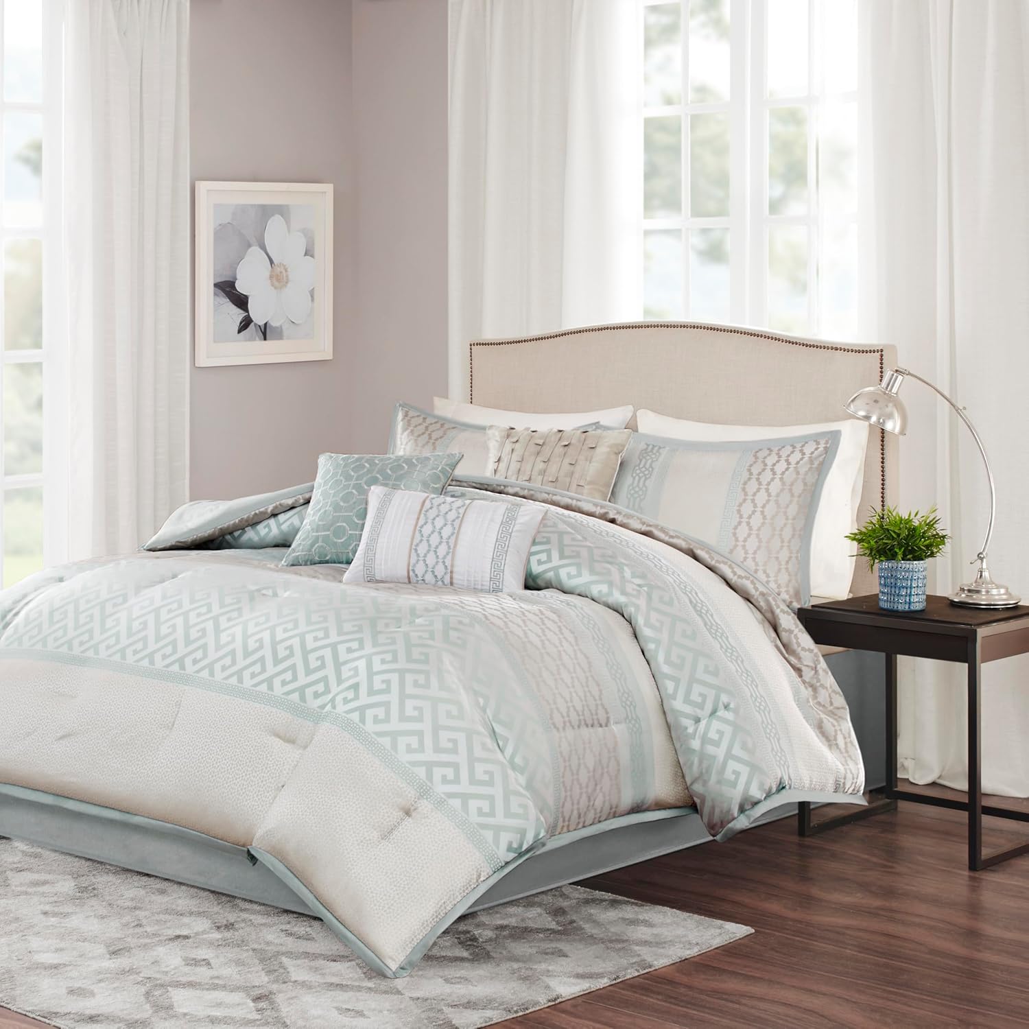 Madison Park Luxury Comforter Set-Traditional Jacquard Design All Season Down Alternative Bedding, Matching Bedskirt, Decorative Pillows, King(104"x92"), Bennett, Geometric Aqua 7 Piece Geometric Aqua King(104"x92")