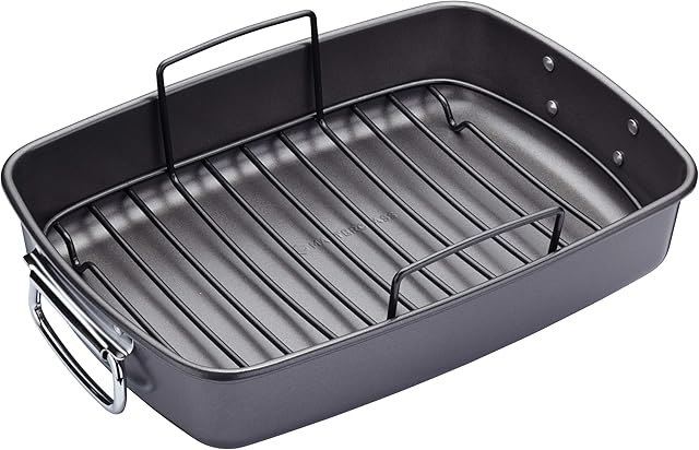 MasterClass KCMCHB52 Large Roasting Tin and Rack with PFOA Non Stick in Gift Box, Heavy Duty Carbon Steel, 40 x 28 x 7.5 cm, Grey