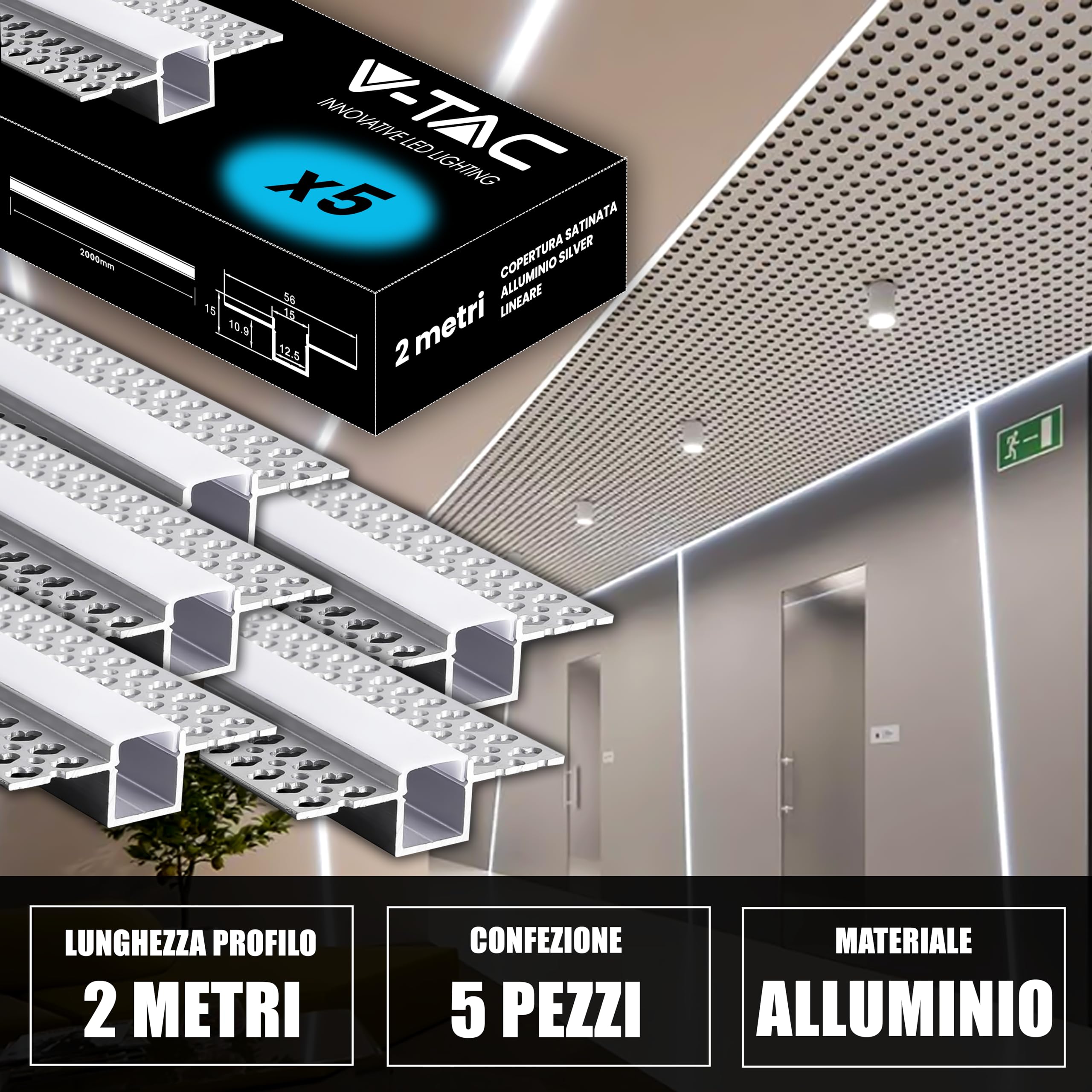 V-TAC 5x Profili per Strisce Led a Scomparsa da 2 METRI con Diffusore - (10 Metri Totali) - Profilo a Incasso da Parete e Soffitto per Striscia LED in Alluminio - Colore Argento - Misure 55 x 15 mm