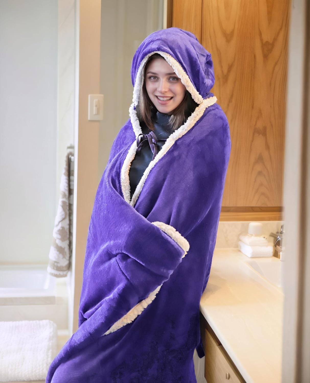 Catalonia Hooded Blanket Poncho | Wearable Blanket Wrap with Hand Pockets | Comfy Sherpa Fleece Throw Cape for Adults, Women Gift - Image 5