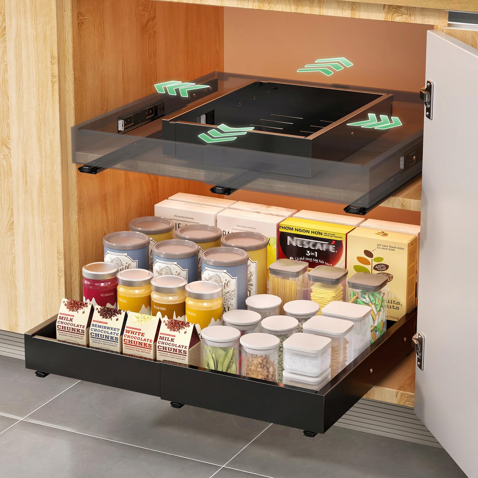 Pacco da 2 Cassetti Estraibili per Cucina, Cassetto Estraibile Regolabile su 4 Livelli, Organizer per Armadietti da Cucina e Cassetti (Nero (2 Pezzi): 30-48 Cm Di Larghezza, 42-58 Cm Di Profondità)