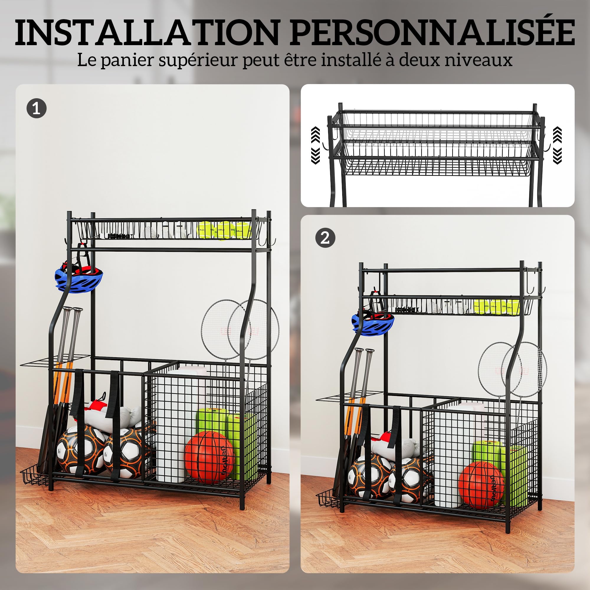 SPORTNOW Rangement d'Équipements de Sport, Organisateur d'Équipements de Sport pour Balles, Jouets avec Paniers, Crochets Amovibles, Sangles Élastiques, pour Intérieur, Extérieur, École, Garage, Noir