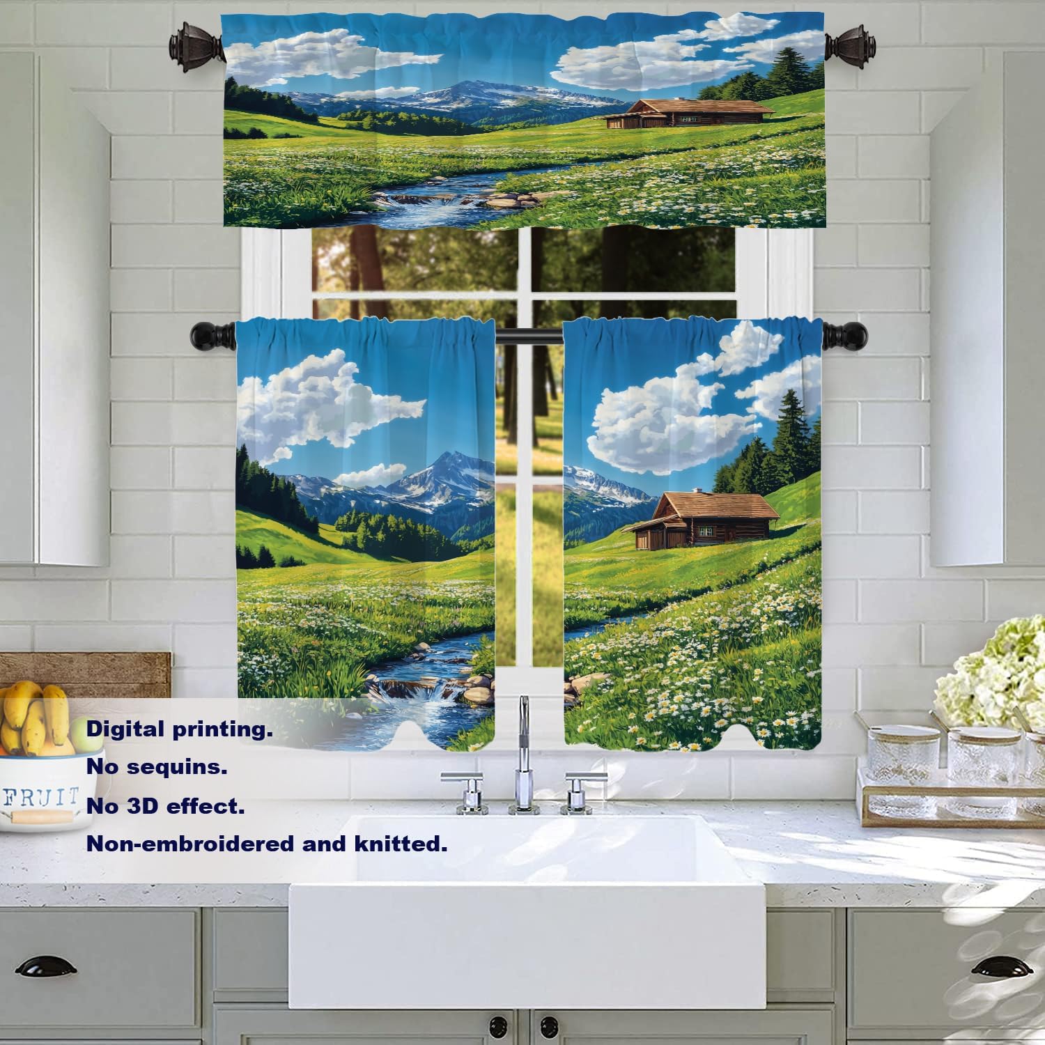 Batmerry Serene Environment Alpine Ry Tier Curtains, Meadow Flowers Wooden Structure Cafe Curtain Short Kitchen Drapes Small Valance for Bathroom, 2 Pack 36X26 Inches