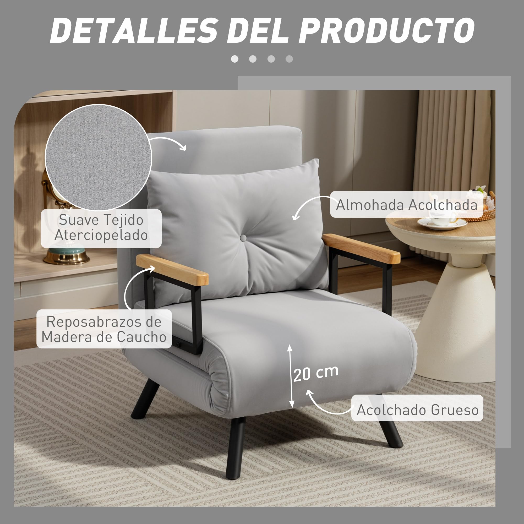 HOMCOM 1-Sitzer 4-in-1 Klapp-Sofa-Bett 63x73x81cm Hellgrau