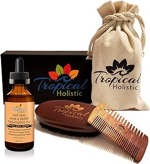 Tropical Holistic Natural Beard Grooming Kit for Men, 3-in-1 Set, Boar Bristle Brush, Handmade Wood Comb, 100% Pure Unscented Hair Treatment Oil 2 oz, Travel Bag