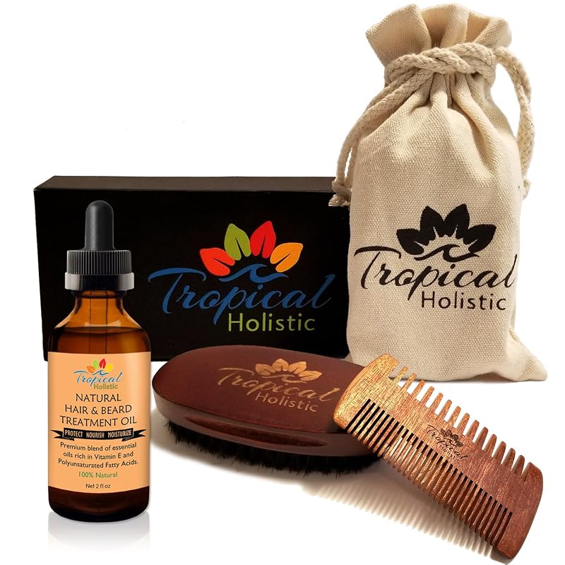 Kit de cuidados para barba Tropical Holistic com escova de cerdas de javali, pente de madeira, óleo sem fragrância 60 mL e bolsa
